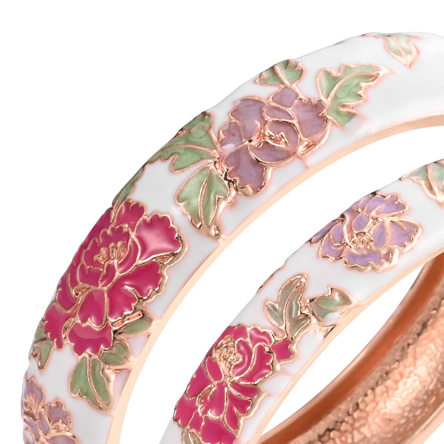 UJOY Vintage Handcraft Jewelry Cloisonne Bracelet Enamel Floral Spring Hinged Gold Plated Womens Bangles Gifts Box 55C48-55A113 White