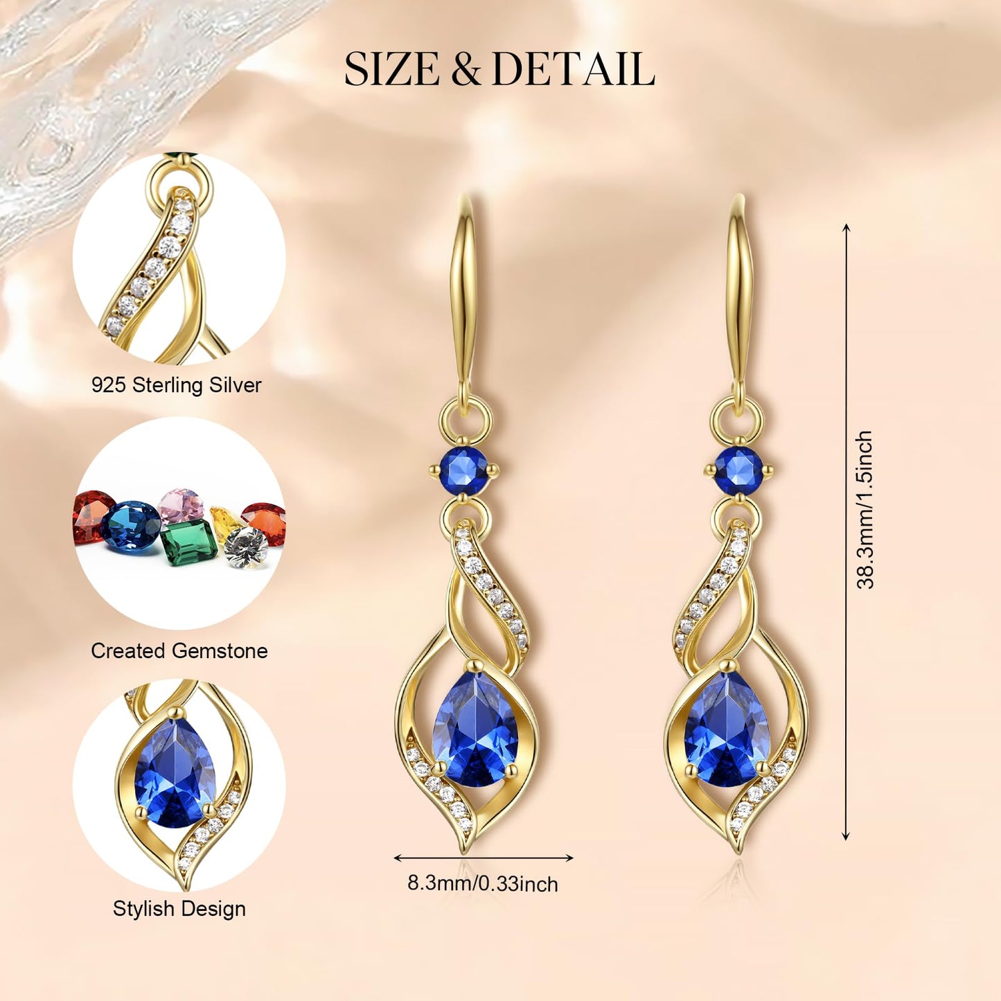 FANCIME 14K Gold Plated September Birthstone Dangle Earrings for Women Teardrop Sapphire Earrings S925 Sterling Silver infinity Love Birthday Gifts for Mom Women