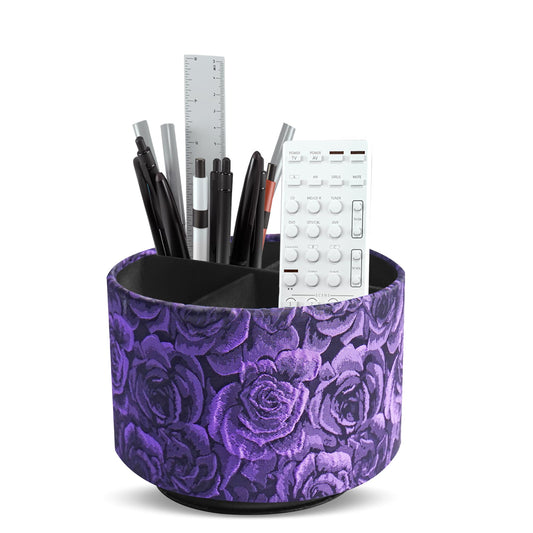 QIELIZI Round Leather Art Supply Organizer,Remote Control Holder,360 Degree Rotating,Multi-Functional Pencil Holder,4 Compartments Desktop Stationary Organizer(1-3D Rose Purple)