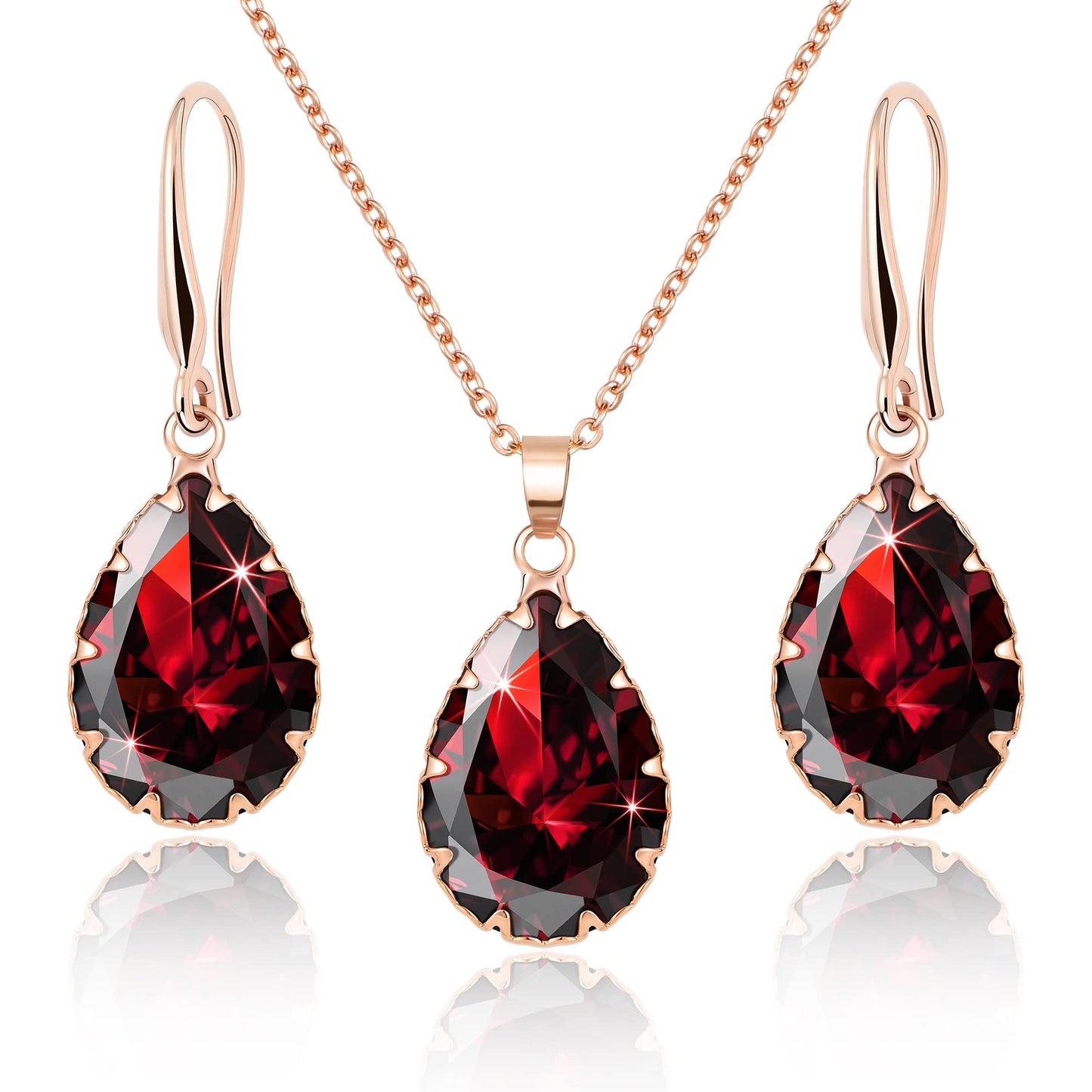 Linawe Ruby Crystal Jewelry Sets, Red Earring Necklace Rose Gold, Imitation Diamond Pendant Necklace, Rhinestone Dangle Earrings, Boho Wedding Rhinestone Cubic Zirconia Teardrop