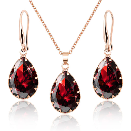 Linawe Ruby Crystal Jewelry Sets, Red Earring Necklace Rose Gold, Imitation Diamond Pendant Necklace, Rhinestone Dangle Earrings, Boho Wedding Rhinestone Cubic Zirconia Teardrop