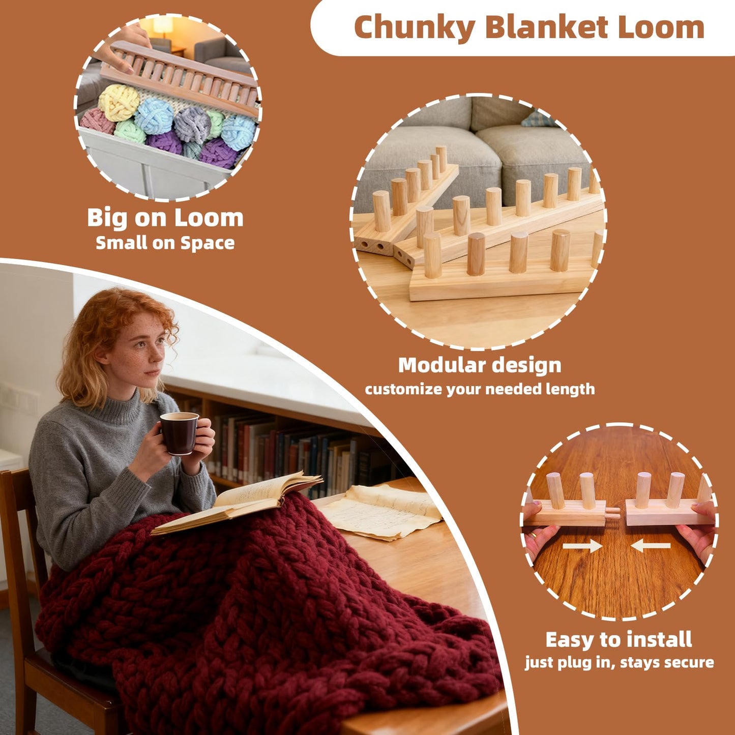 QAMGCYW 45" Chunky Yarn Loom, Beginner Hand Knitting Loom with Detachable Wooden Frame, Adjustable Size No Needles, DIY Blanket Weaving Loom, Premium Wood No Coating