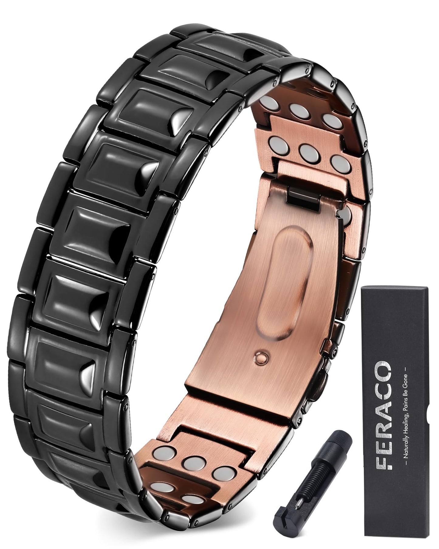 Feraco Copper Bracelet for Men 3X Strength,Magnetic Therapy Bracelet Copper Jewelry with Powerful 3800 Gauss Magnets,Cooper Bracelet for Man Black