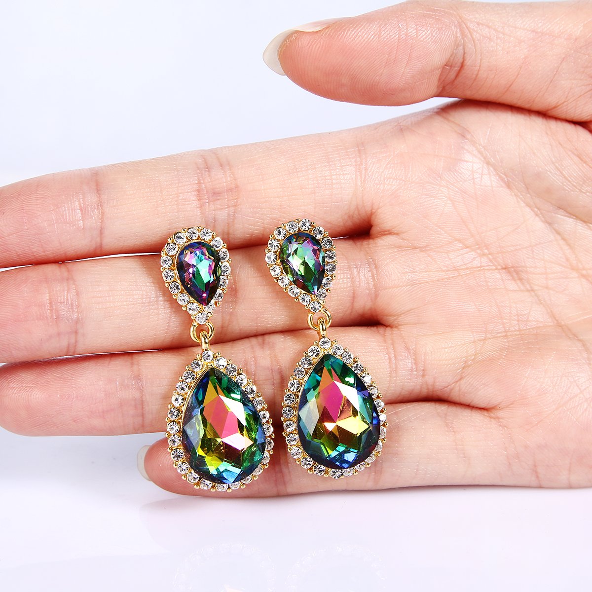 EVER FAITH Women's Austrian Crystal Prom Tear Drop Dangle Earrings Green AB Gold-Plated-Base
