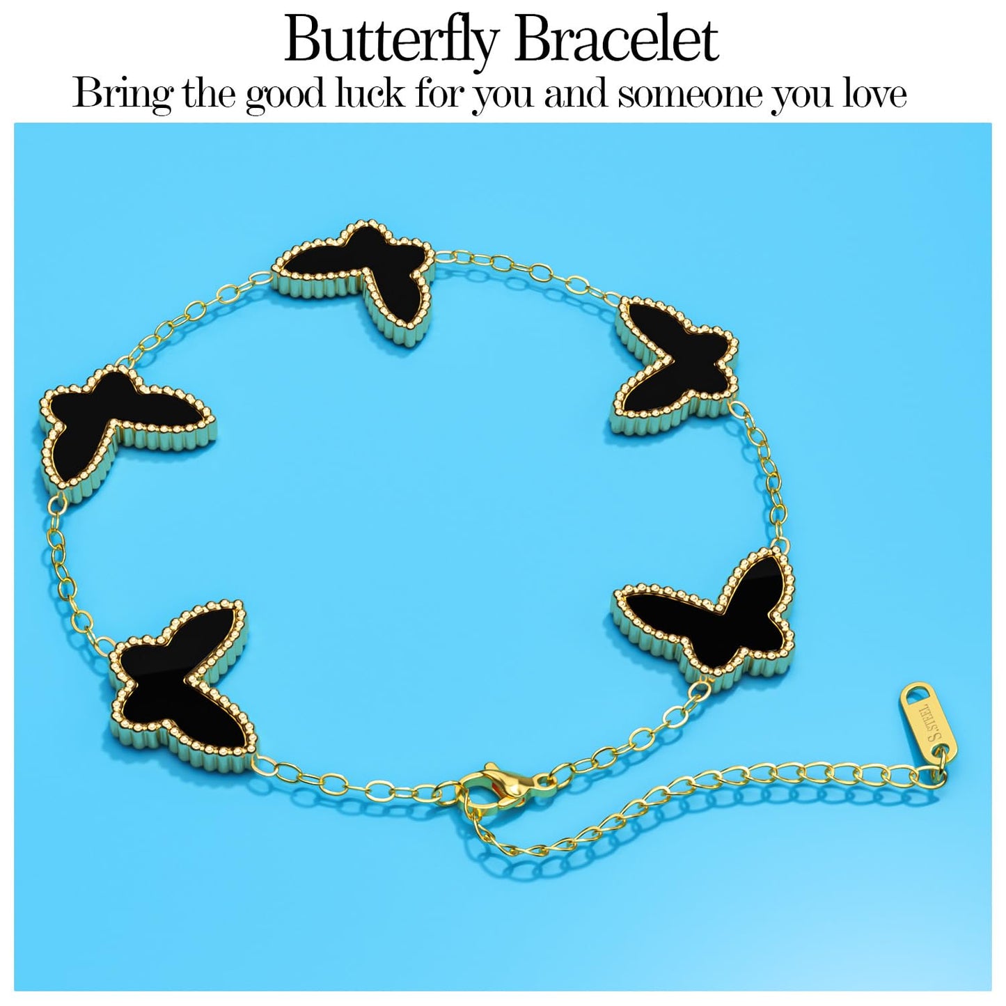 AICase 18K Gold Plated Clover Bracelet Dupes Black Bracelet Set for Women Butterfly Flower Leaf Lucky Clover Bracelets Trendy Jewelry Birthday Gifts for Women/MoM/Friends_Black