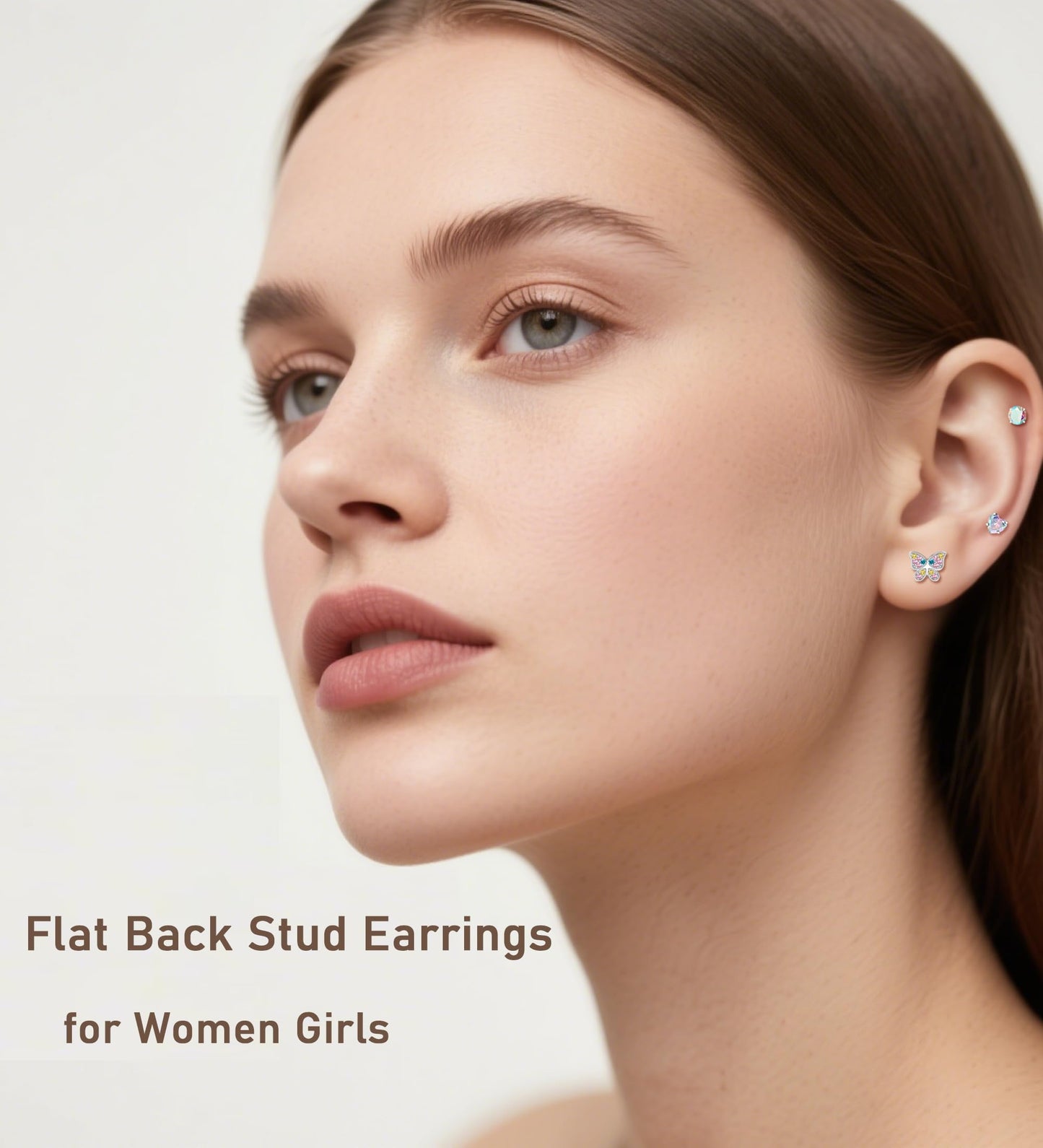 EQFE 4Pairs Hypoallergenic Earrings for Women 14K Gold Flat Back Earrings 20G Screw Back Cartilage Earring for Sensitive Skin CZ Heart Butterfly 316L Stainless Steel Stud Earrings