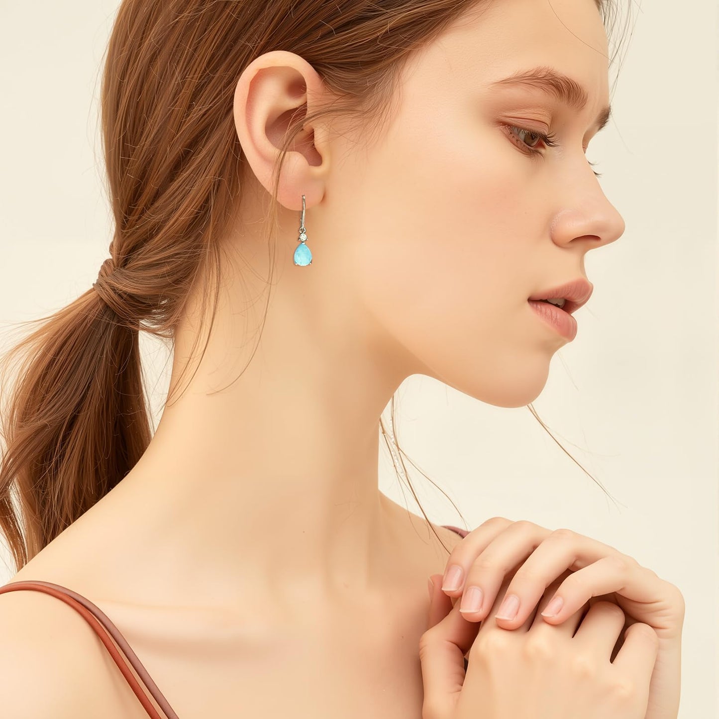14K White Gold Filled Sterling Silver 7x9mm Teardrop Larimar Gemstone Dangle Earrings for Women