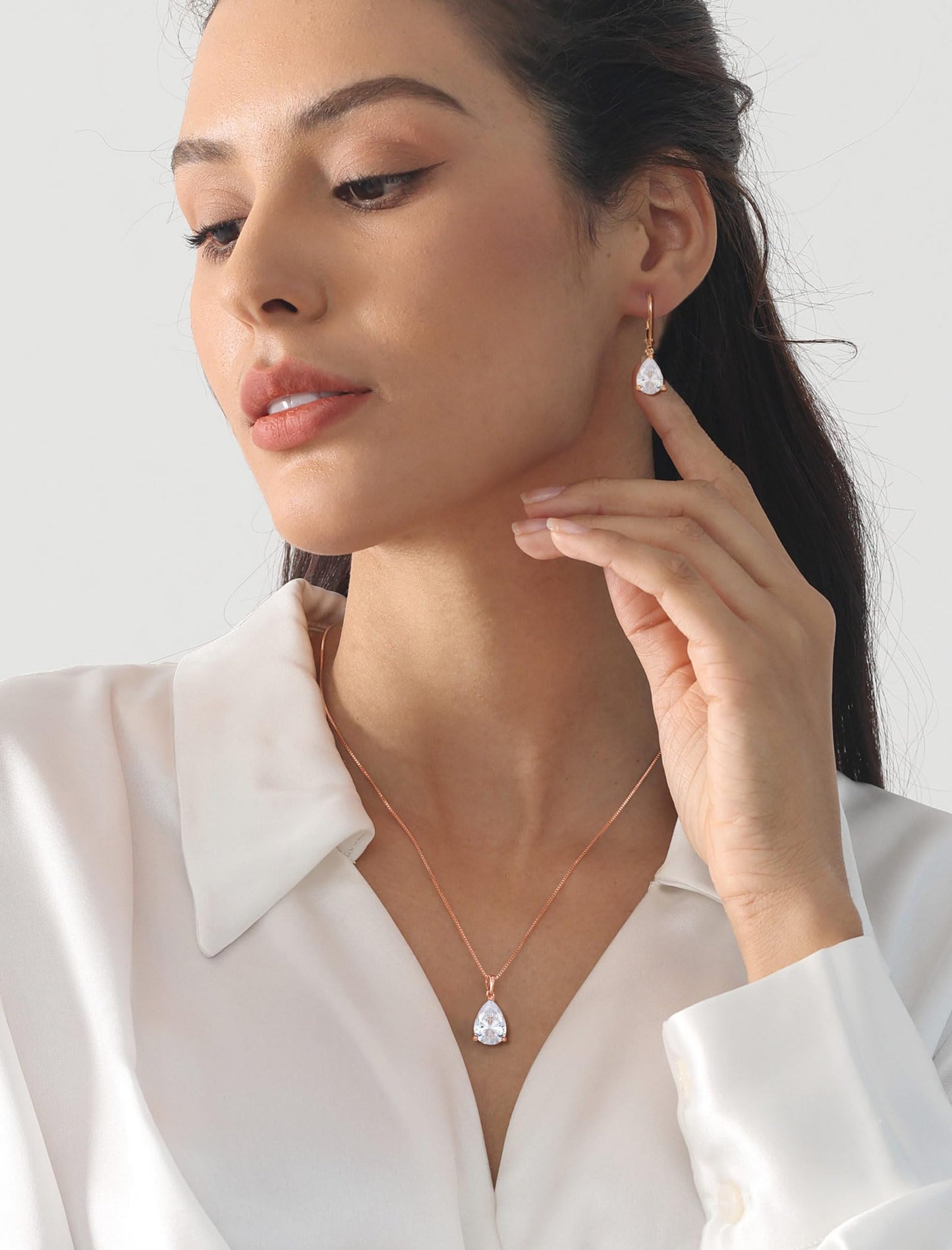 YL 925 Sterling Silver Teardrop Dangle Drop Earrings for Women 7x10 MM Solitaire Cubic Zirconia Leverback Jewelry with 18K Rose Gold Plated