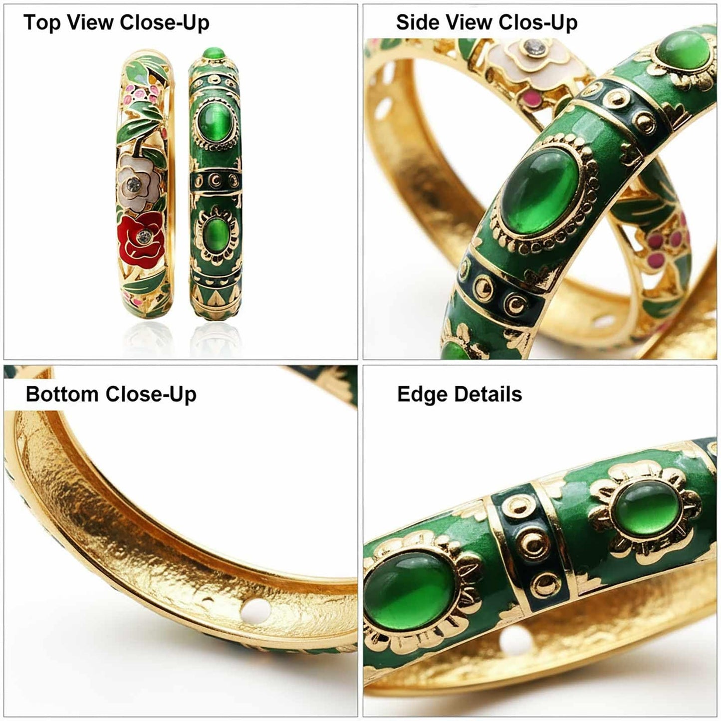 apenll Vintage jewelry bangle Green Enameled Bracelet with Gemstone Floral Gold Plated Bangle Jewelry Gifts for Mom BFF Daughter