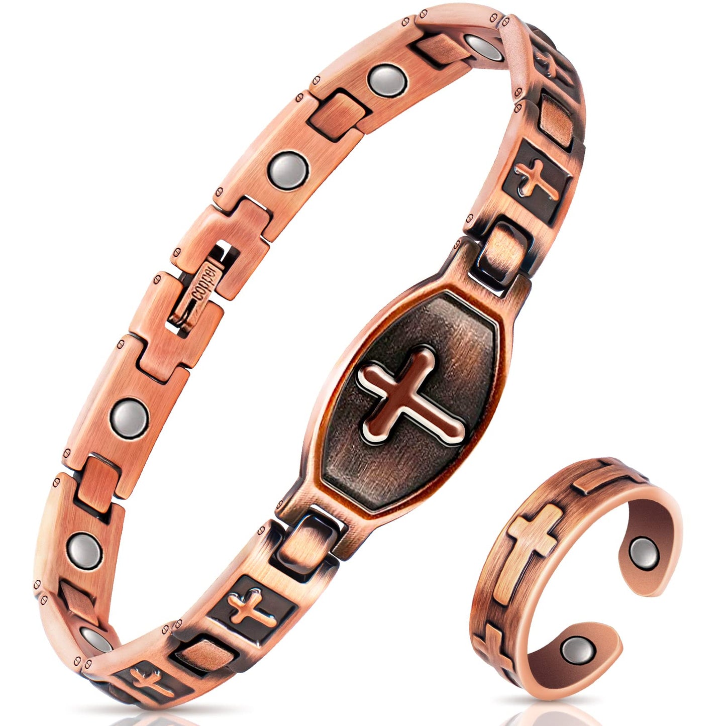 Mahnco Magnetic Copper Bracelet & Ring for Women, Lymph Detox Bracelet for Joint with 3500 Gauss Strong Magnets-Jewelry Gifts with Adjust Tool