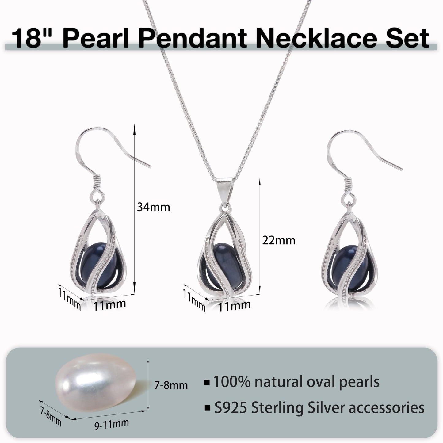 HENGSHENG Pearl Jewelry Set For Women S925 Sterling Silver Necklace & Earrings Set Freshwater Pearl Pendant Cage Set for Wedding Anniversary Prom Birthday Gift - Silvery Black
