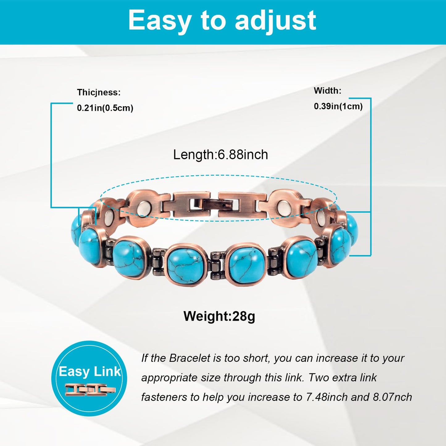 EnerMagiX Copper Bracelet for Women, Pure Copper Adjustable Blue Turquoise Bracelet Jewelry, Mother's Day Gift（0173）