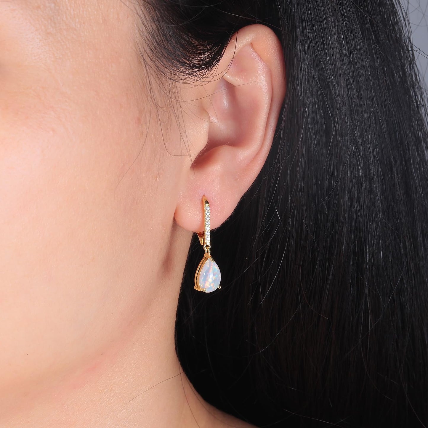 Leverback White Opal Dangle Earrings 14k Yellow Gold Plated Drop Earrings for Women Teardrop Earrings Elegant Jewelry Gifts for Christmas Birthday Party