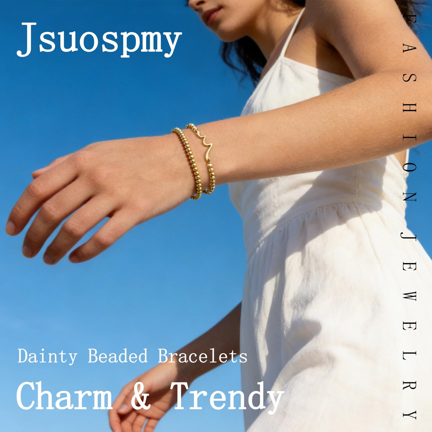 Jsuospmy Gold Beaded Bracelets for Women 14K Gold Wave Bracelet Handmade Stackable Bracelets for Women Trendy Non Tarnish Bracelet Jewelry Gift for Womens 2Pcs (05.Wave+Beaded (Gold))