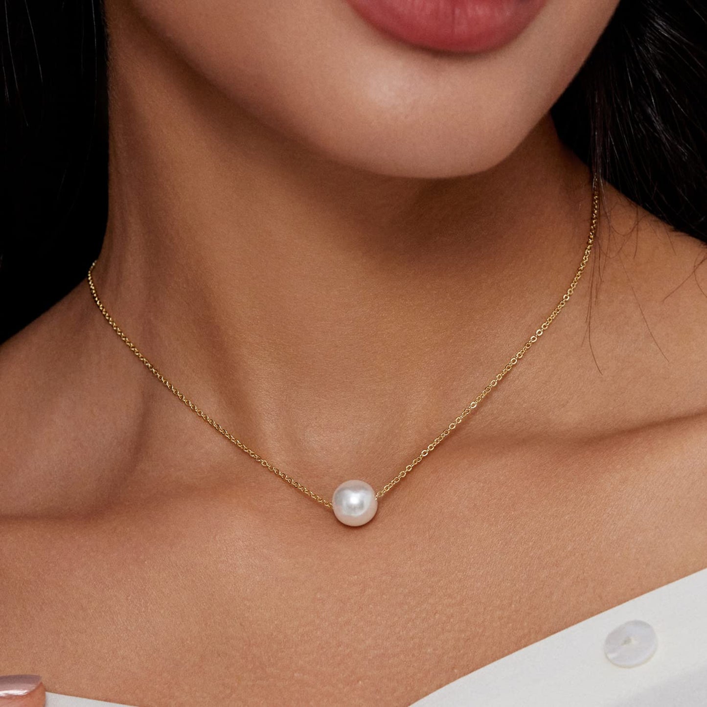 Zeffy Pearl Necklaces for Women, 18K Gold Plated Single Pearl Choker Necklace Pendant Simple Handmade Pearl Chain for Girls Women Everyday Jewelry Gifts