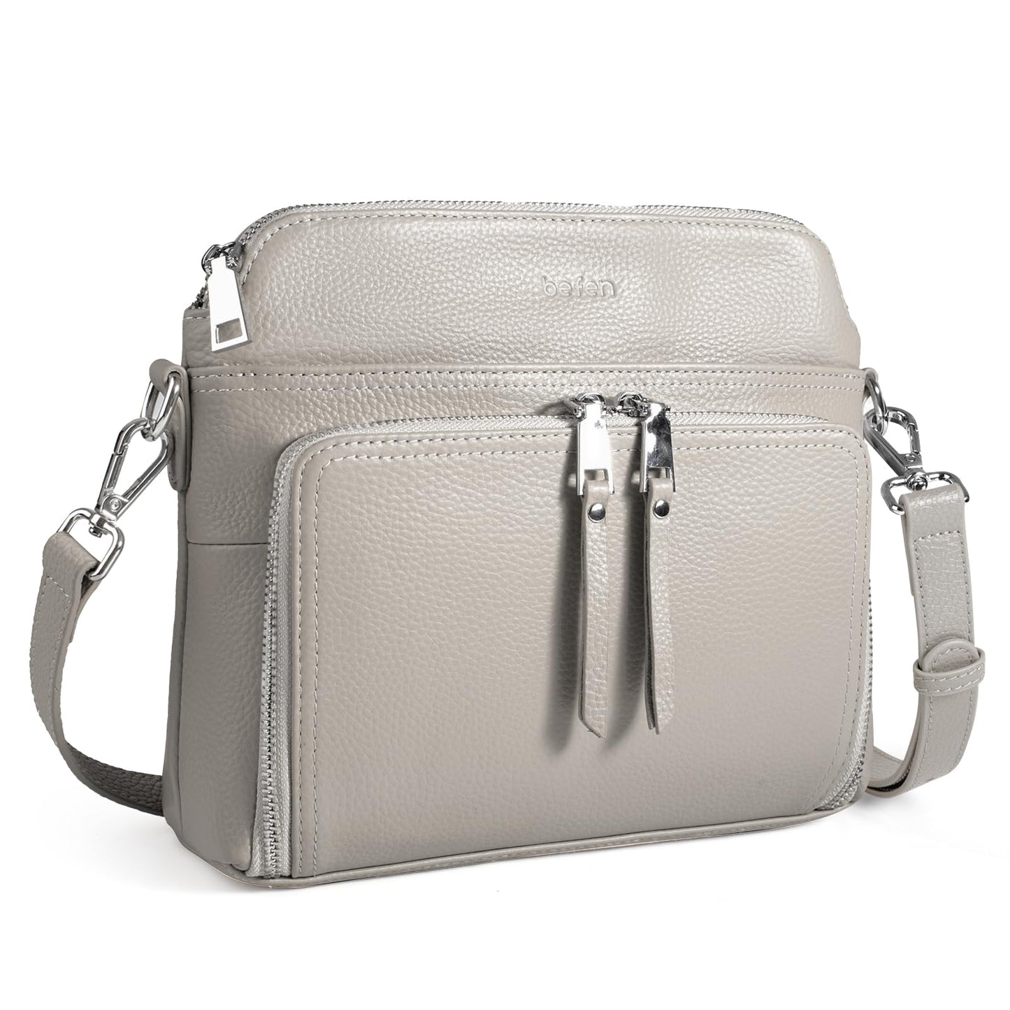 befen Real Leather Crossbody Bags for Women, Womens Small Cross Body Purses Travel Handbags with Built-in Wallet Adjustable Strap Beige Grey