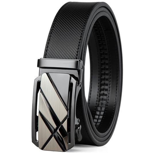 Drowsmen Belt men,leather ratchet Strap 1 3/8" with Comfort Click Sliding Automatic Buckle in gift box, Adjustable belt Trim to Fit (Carbon Fiber M Straps, 32"-38" Waist Adjustable)