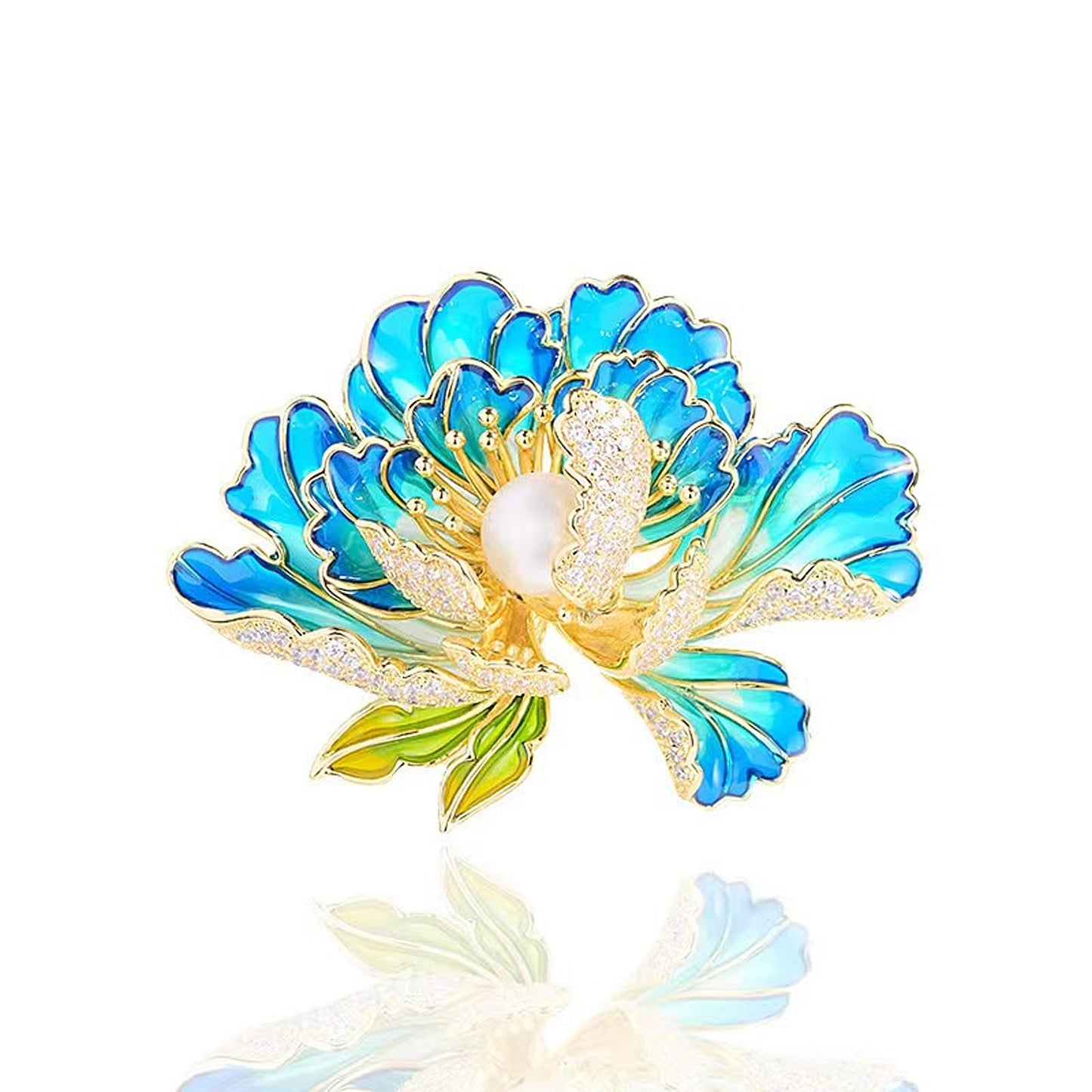 Dainty Flower Brooch Pins for Women Graceful Cubic Zircon Peony Pearl Enamel Badges Lapel Pins Trendy Banquet Prom Dress Jewelry Accessories Gift (Blue)
