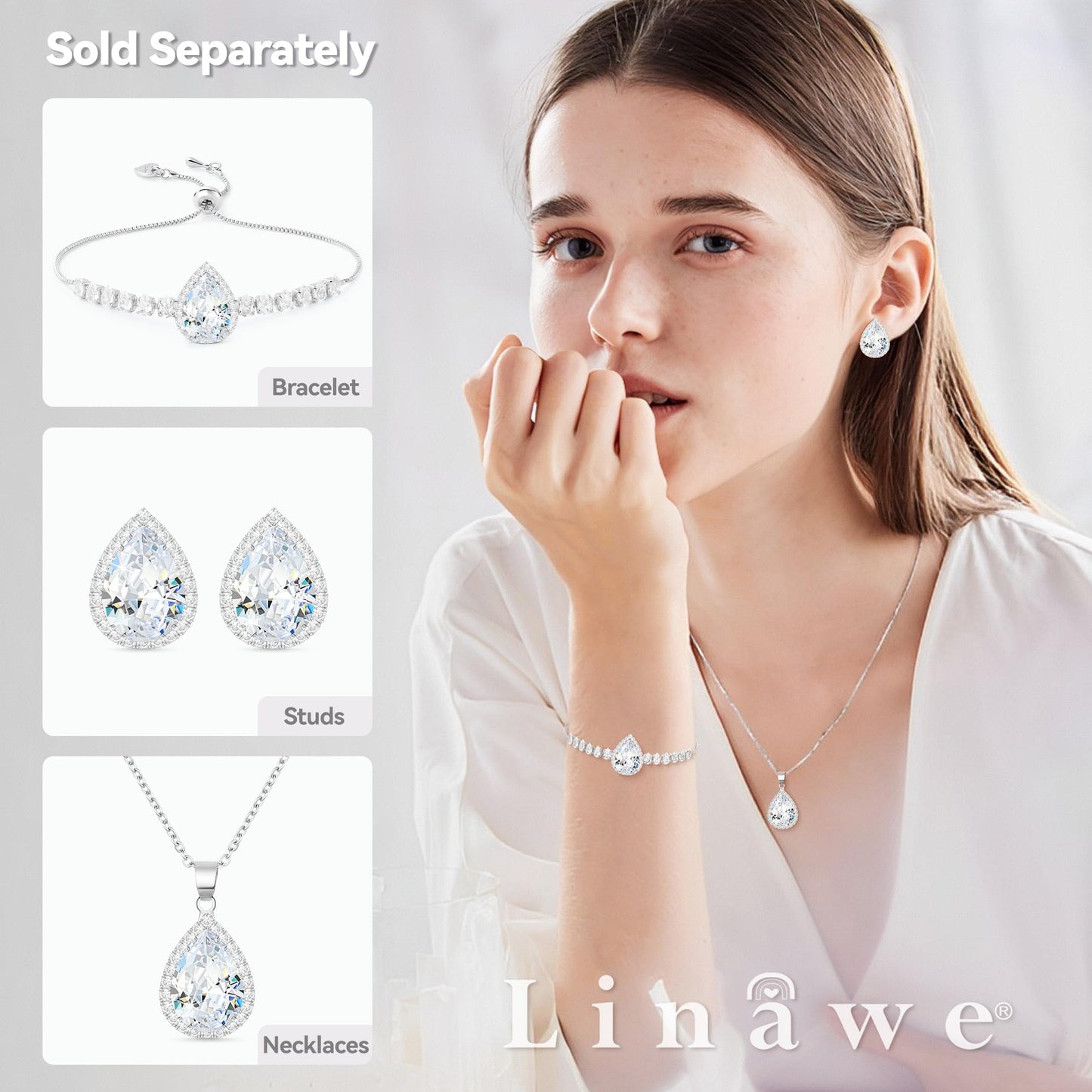 Linawe Silver Stud Earrings for Women Wedding, Cartilage Earrings Studs Imitation Diamond Moissanite Cubic Zirconia Earrings, Teardrop Rhinestone Crystal Piercing Jewelry Iridescent