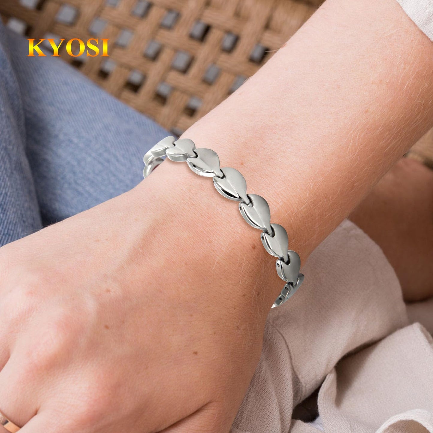KYOSI Magnetic Bracelets for Women Stainless Steel Womens Magnet Bracelet Leaf Shape Fashion Christmas Gift (Silver, 7.87 inches)