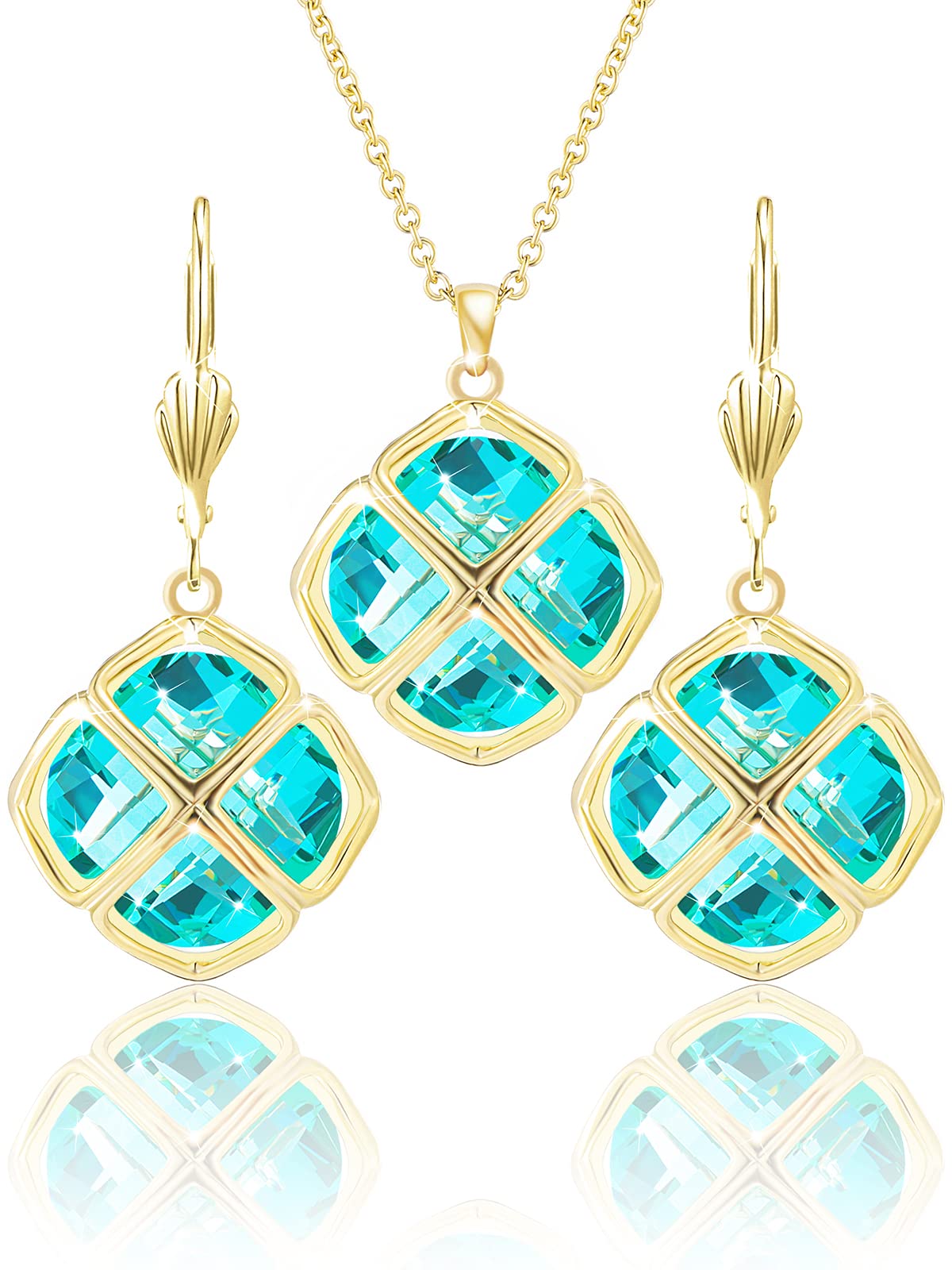 Qinpan 14MM Crystal Pendant Dangle Necklace Earrings Sets for Women Glod Plated Costume Jewelry, 38*17.8mm, Yellow Gold, Crystal