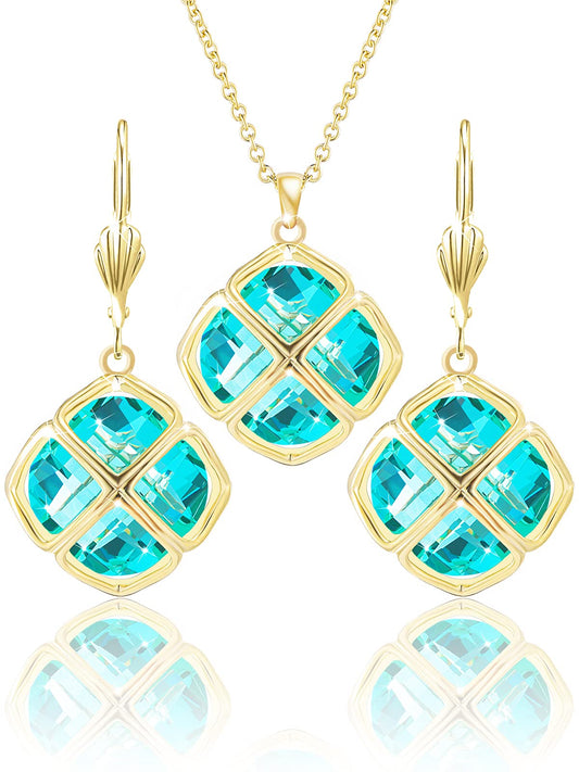 Qinpan 14MM Crystal Pendant Dangle Necklace Earrings Sets for Women Glod Plated Costume Jewelry, 38*17.8mm, Yellow Gold, Crystal