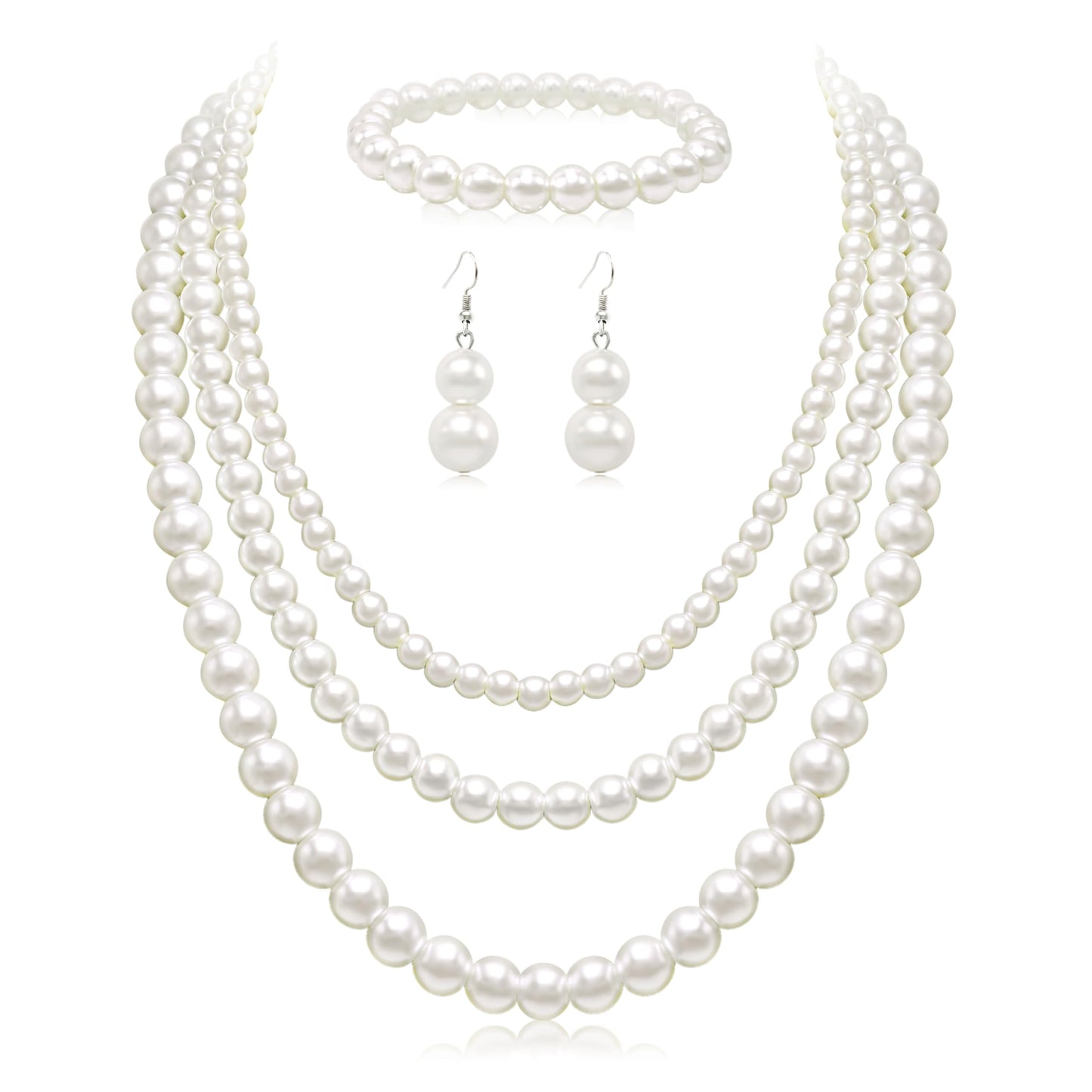 Cryshimmer Pearl Necklaces Earring Bracelet for Women Cream White Faux Pearl Beads Strand Layered Necklace Costume Jewelry Set(16"/18"/21")