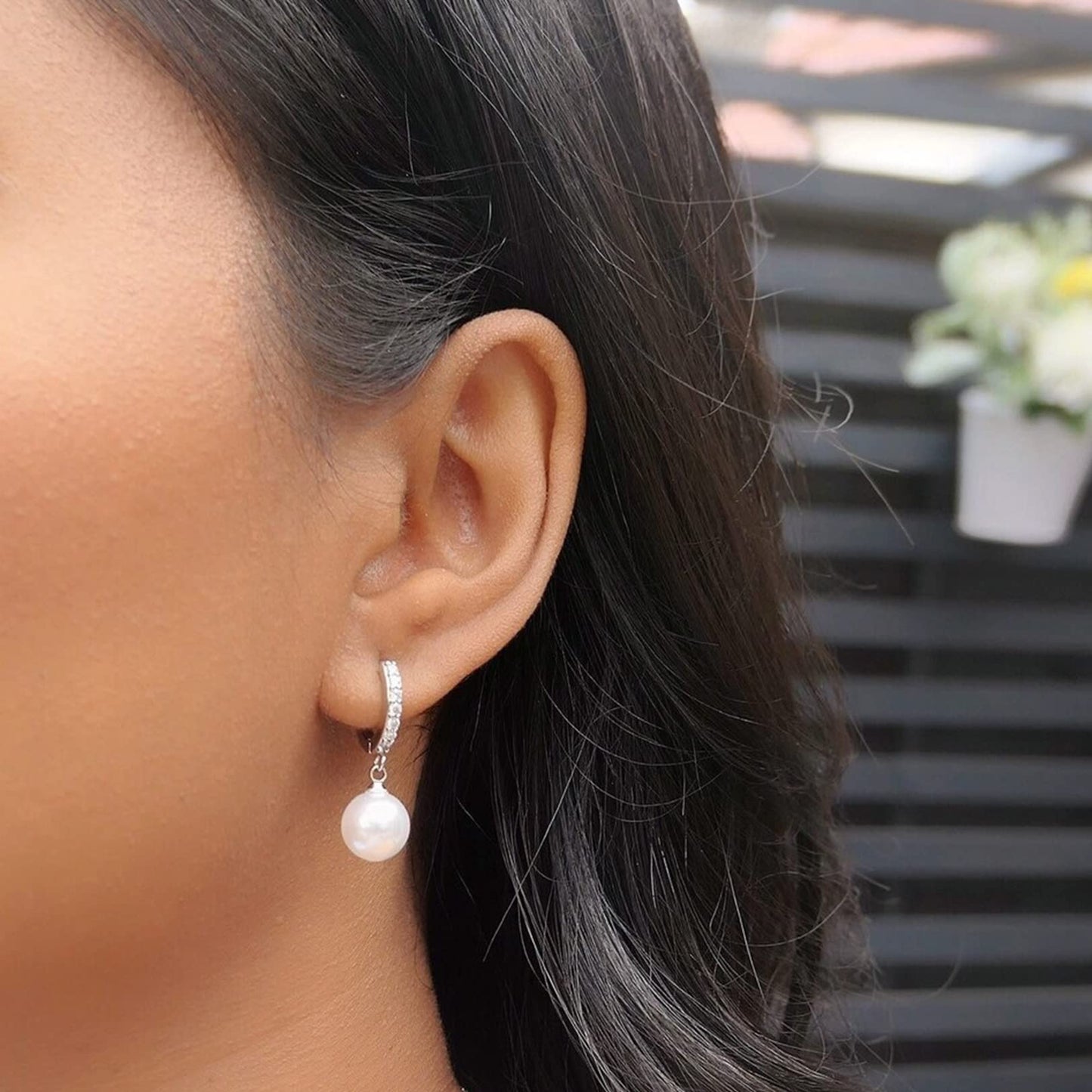 CERSLIMO Pearl Drop Earrings for Women | S925 Sterling Silver Post Simulated Shell Pearl Hoop Dangle Earrings, Hypoallergenic Cubic Zirconia Huggies Earrings Bridesmaid Jewelry