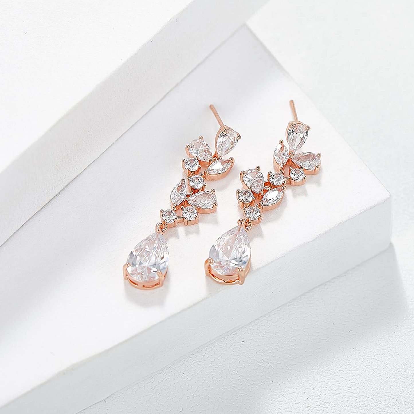 SWEEETV Bridal Wedding Earrings for Brides Bridesmaides-Marquise Teardrop Earrings for Women, Cubic Zirconia Drop and Dangle Earrings for Prom or Pageant,Jewelry, Rose Gold