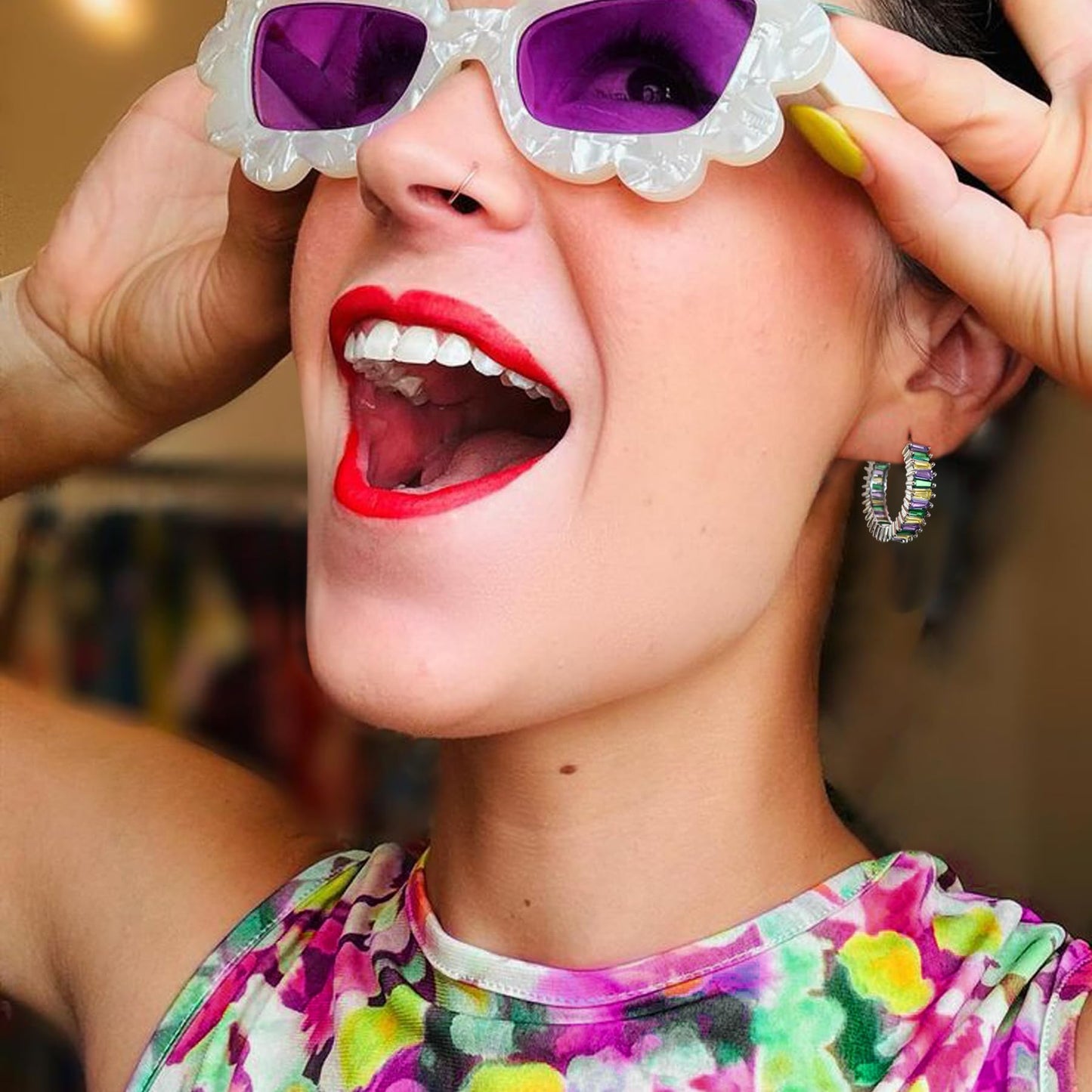 GLOQUAT Mardi Gras Earrings for Women Silver Plated Carnival Holiday Hoop Earrings Fashion Baguette Cubic Zirconia Round Circle Hoops Festive Party Jewelry Gifts Lightweight and Hypoallergenic 25mm
