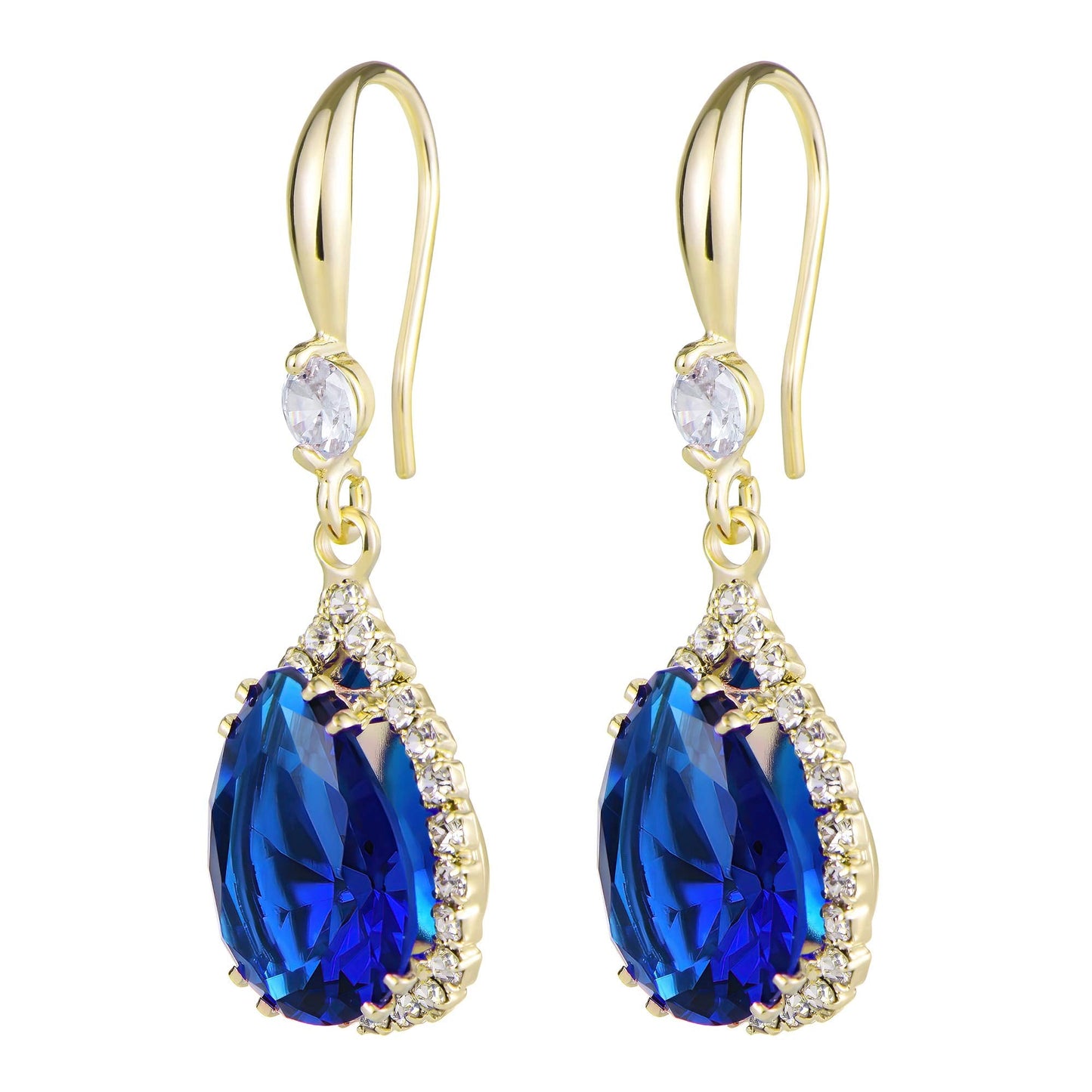 Linawe Sapphire Blue Dangle Earrings for Women Trendy, Imitation Diamond Drop Earrings, Chandelier Rhinestone Cubic Zirconia Crystal Teardrop Earrings 14K Gold, Wedding Jewelry