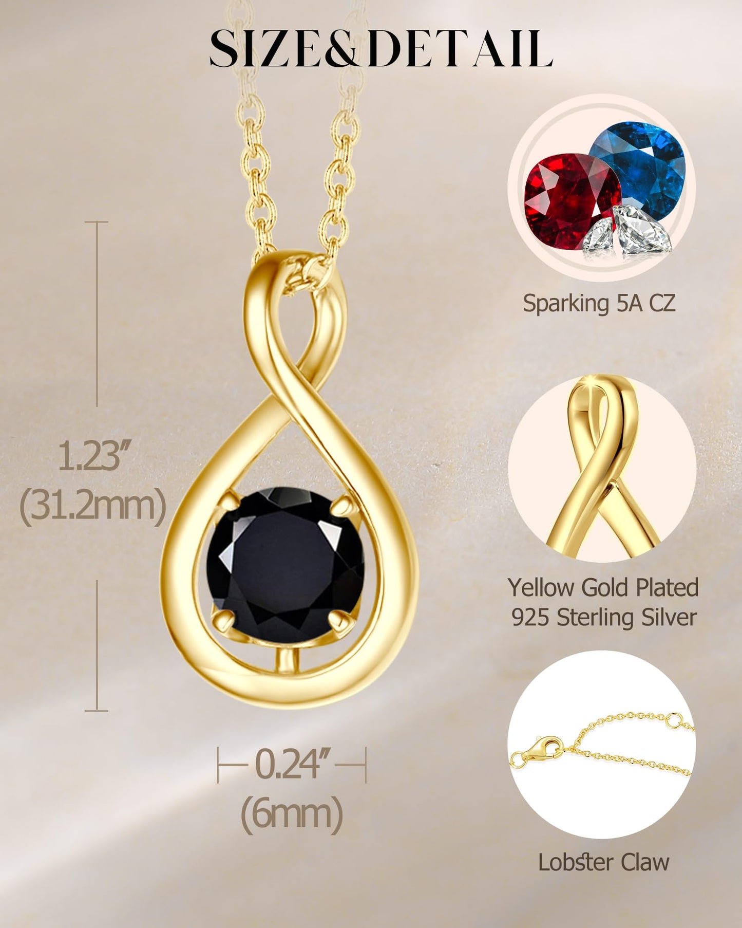 FANCIME Black Tourmaline Necklace Graduation Gift Sterling Silver Yellow Gold Plated Dainty Infinity Pendant Crystal Black Onyx Fine Gemstone Jewelry Birthday Anniversary Mothers Day Gifts for Women Her