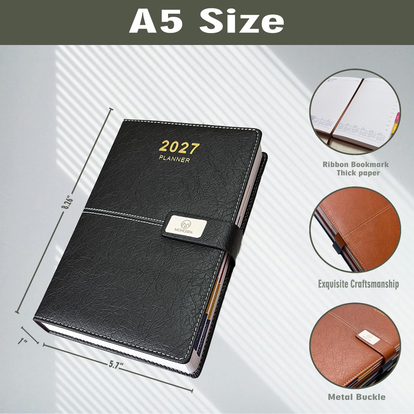 2027 Daily Planner - One Page per Day, 2027 Hourly Daily Calendar(Jan-Dec 2027), 5.7" x 8.26" Appointment Book, Leather Cover + Thick Paper (Black)