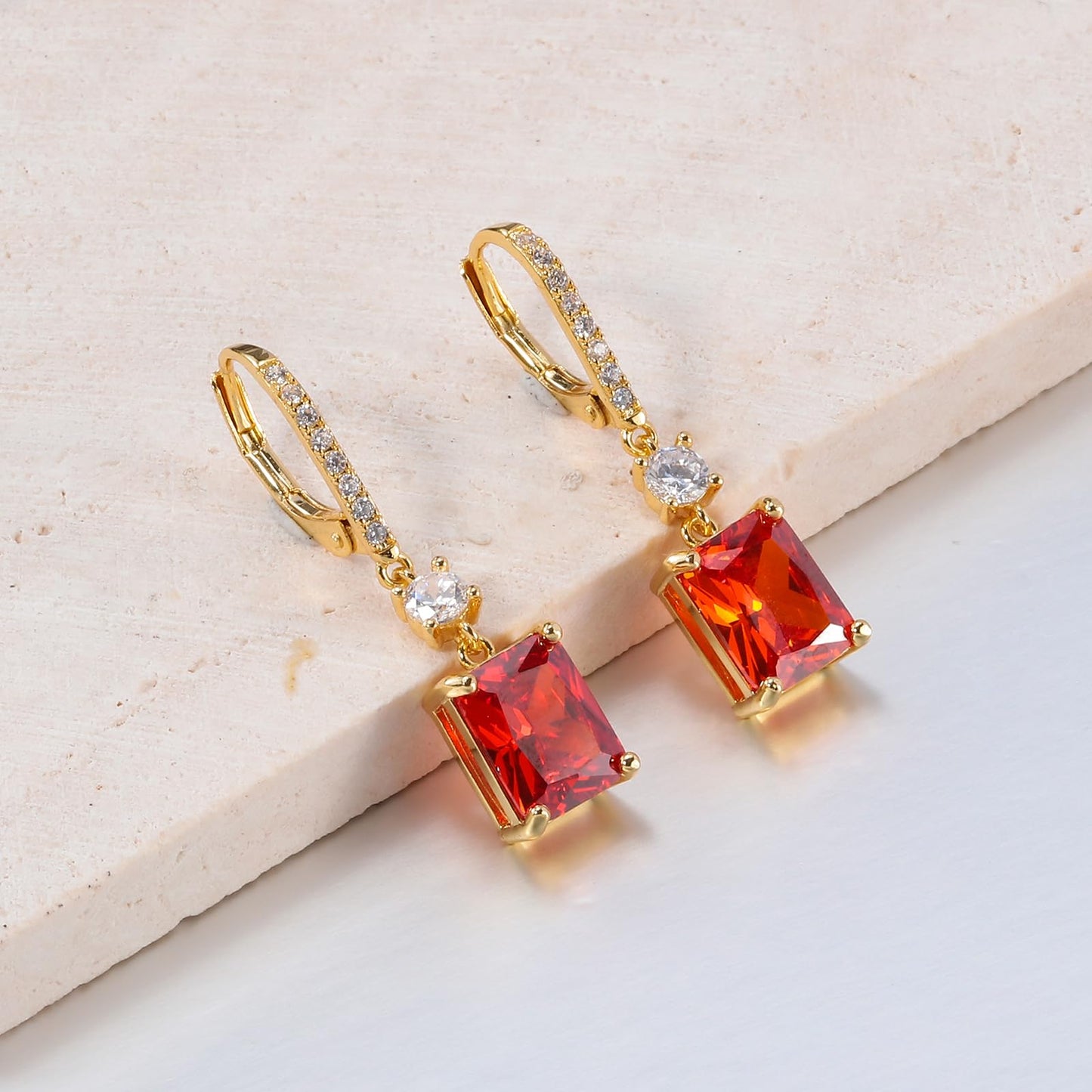 CiNily Leverback Earrings for Women Rectangular-cut Drop Dangle Earring Hypoallergenic, 14K Gold Plated Orange Cubic Zircon Earrings Diamond Dangle Ear Rings Jewelry Wedding