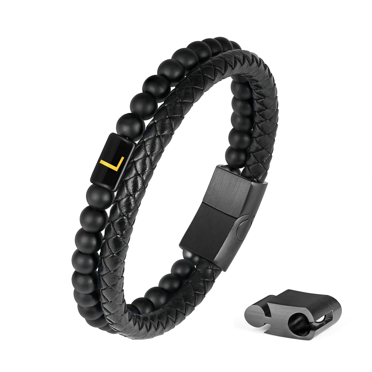 FOCOOG Gifts for Mens Bracelet - Men Gift Leather Bracelets for Men with Initial Matte Agate Bead Magnetic Clasp Leather Men's Initial L Bracelet for Men's Jewelry Mens Gifts for Dad Husband