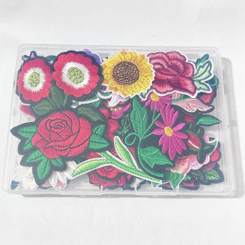 30pcs/1 Box Cuncuny Assorted Flower Cuncuny Kids Girls Patch Sewing on/Iron on Patch Applique DIY Craft Embroidered Applique Patches (Assorted Flowers)