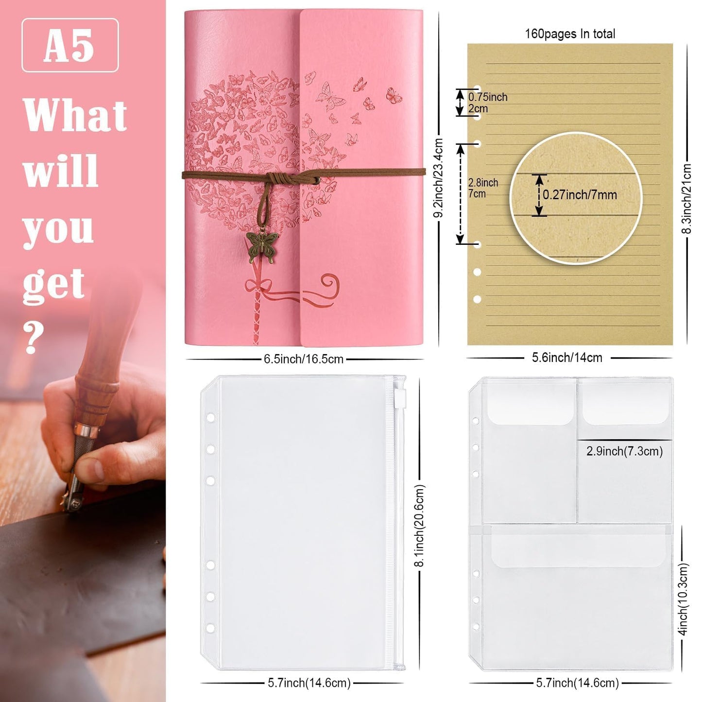 OMEYA Leather Journal Notebook, Refillable Writing Journal Diary Planner, Gifts For Women,Men, Girls, Sister, Friends (Pink, A5-9.3''×6.3'')