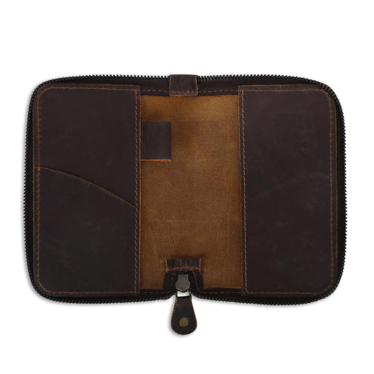 CestAntiQ Zippered Leather Journal Cover Compatible with Moleskine Cahier TWONE Original Kraft Elan Pitch Black Pocket Size 3.5 x 5.5 for Field Notes Notebook Memo Books with Pen Holder Handmade Brown