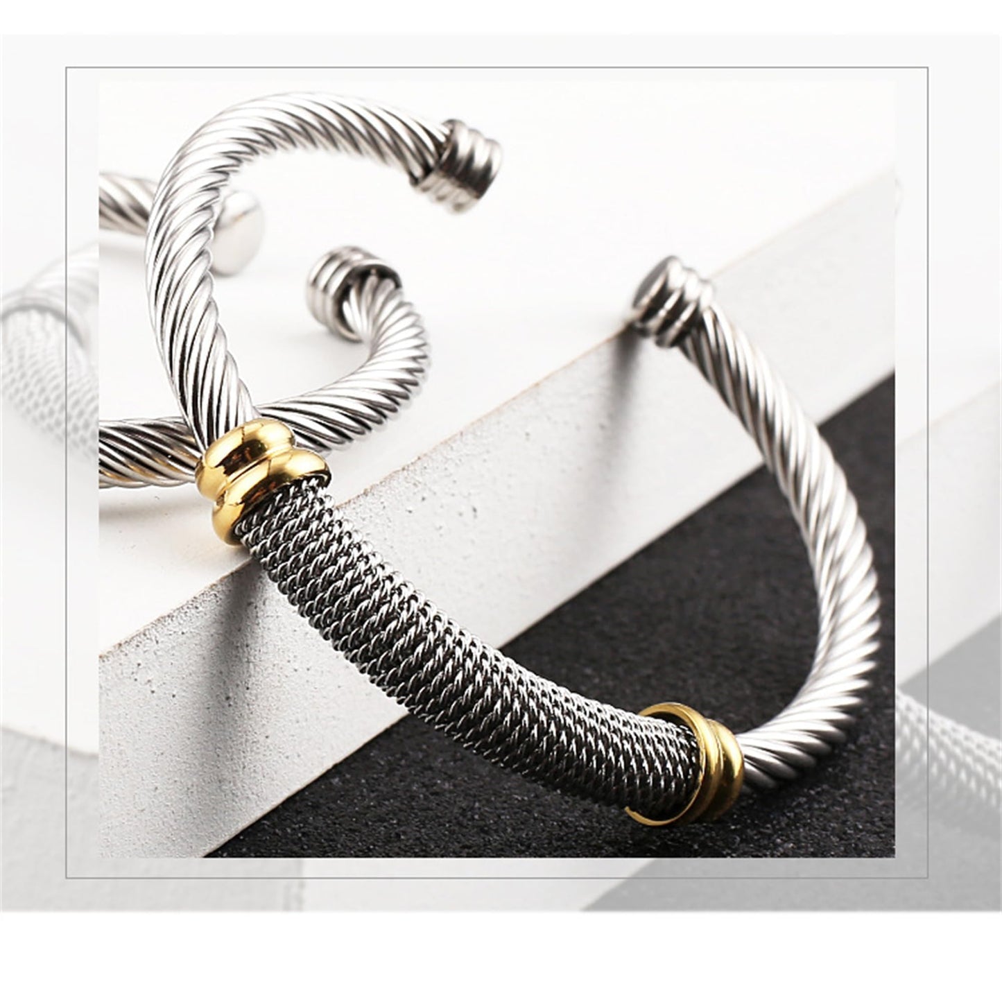 MENGSHA Punk Silver & Gold Twisted Cable Cuff Bracelet for Men/Women Durable Stainless Steel Chunky Bangle Bracelet Adjustable Opening,Daily Wear & Outdoor Adventure Unisex Jewelry Gift for Him/Her