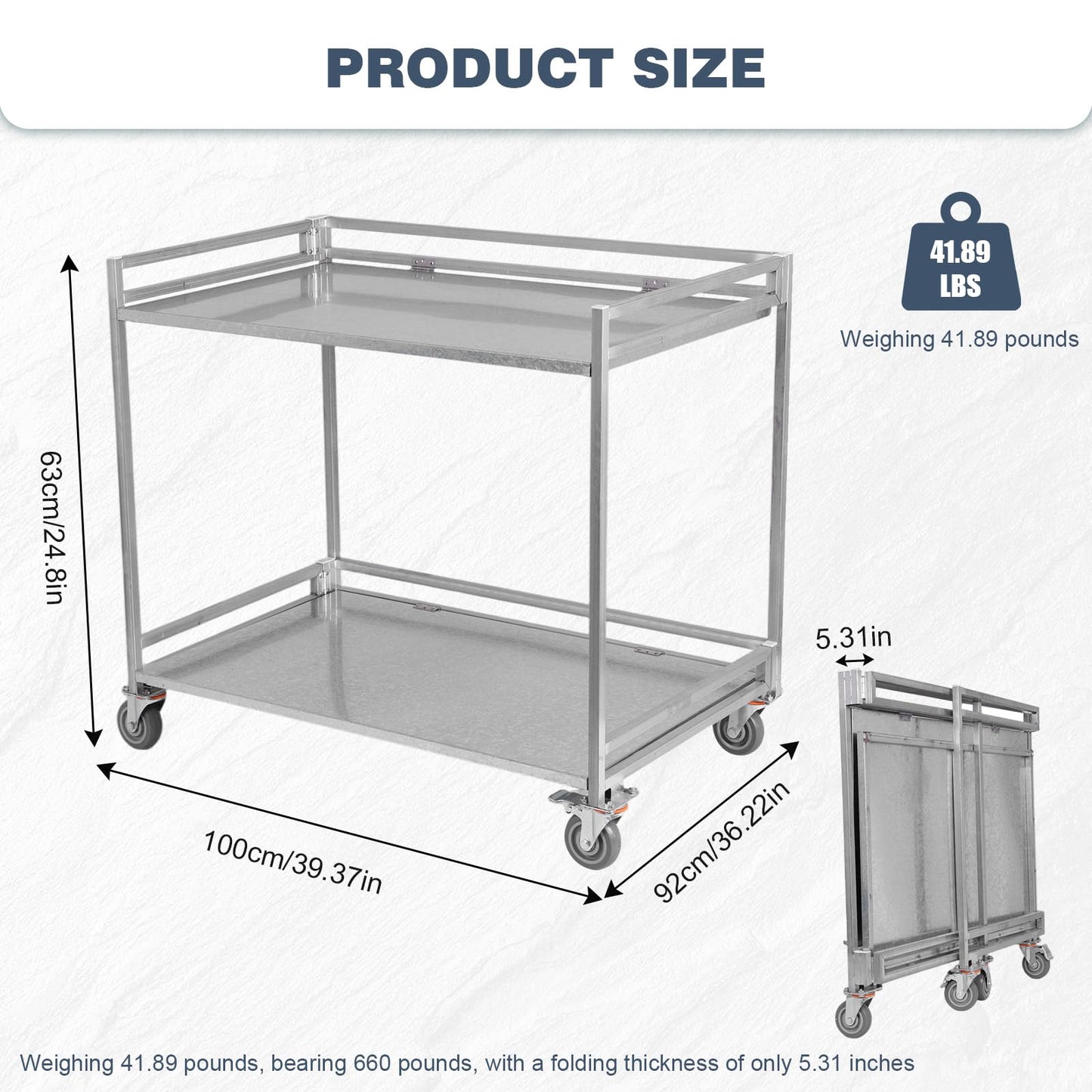 Generic 2-Shelf Utility/Service Cart Metal Storage Carts with Wheels 660lbs Capacity with Handle for Warehouse/Garage/Cleaning/Manufacturing