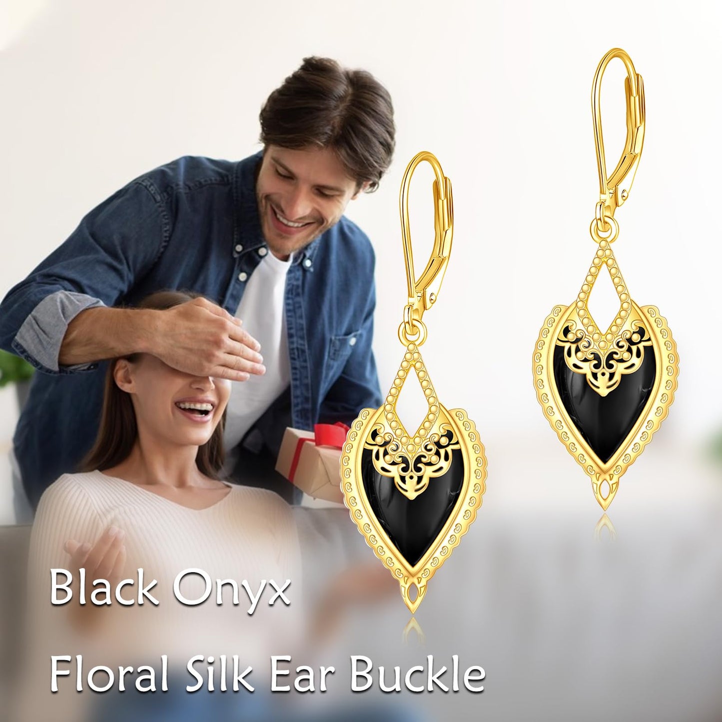 Black Onyx Drop Earrings for Women Sterling Silver 18K Yellow Gold Plated Filigree Black Onyx Dangle Leverback Earrings Jewelry Gifts