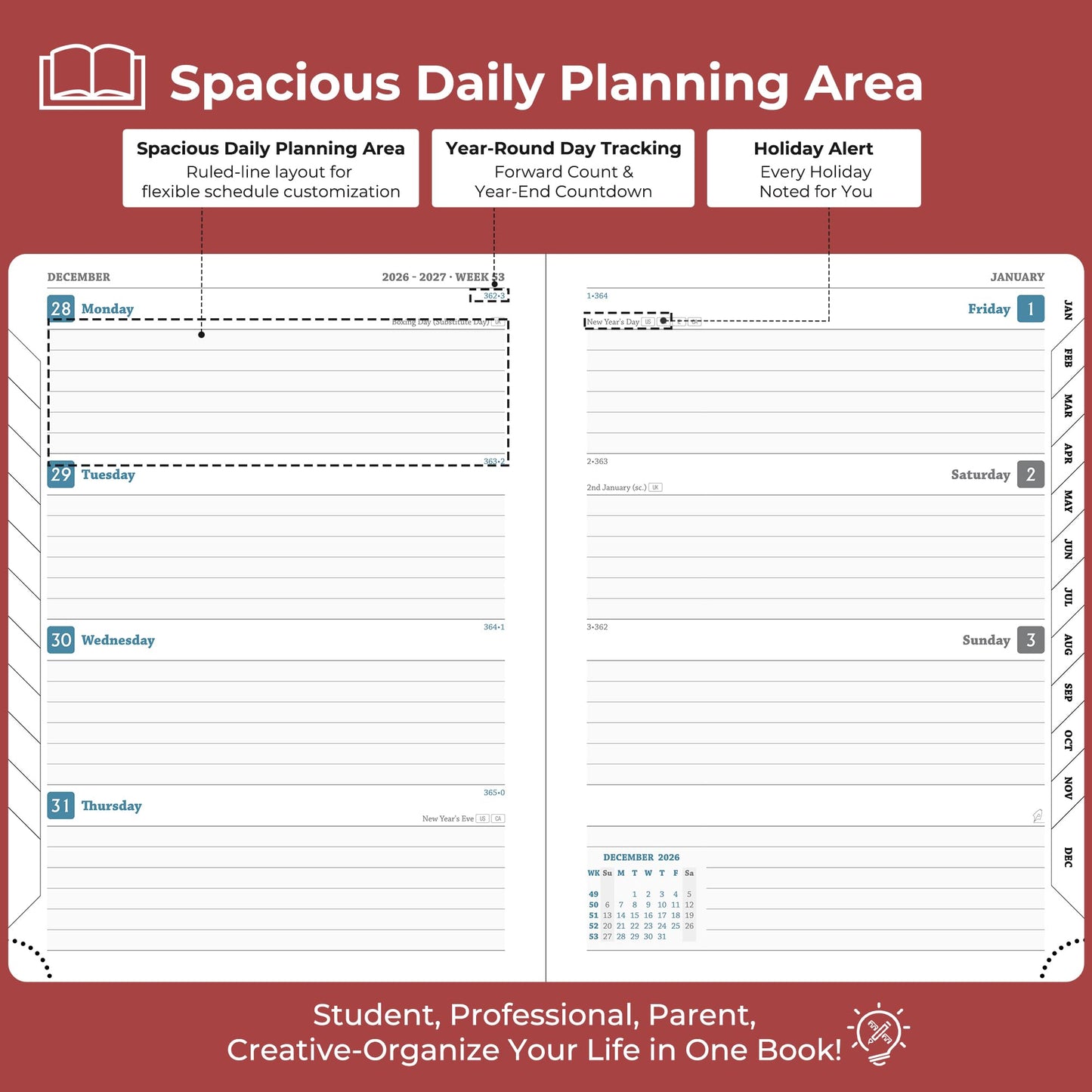 IN-LUXPRO Weekly Monthly 2026-2027 Planner (July 26-Dec 27),8.5"x6.5",18 Months Agenda Plan with Month Tabs & Pocket,Expenses/Note Pages, Academic Calendar with Vegan Leather Cover,Red