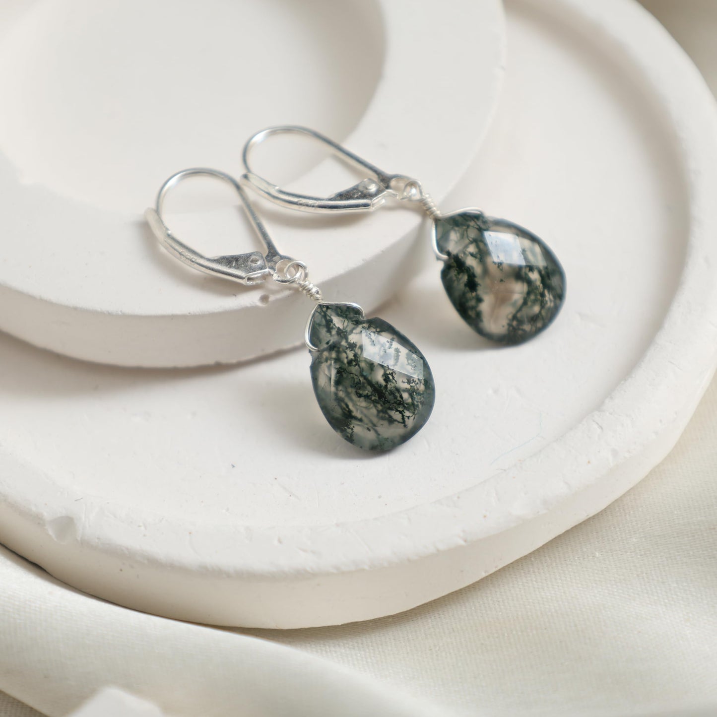 GEMINSPIRE Moss Agate Pear Shape Tear Drop Earrings Suspended with Sterling Silver Lever Back Hoop, Elegant Handmade Jewelry Gifts for Women