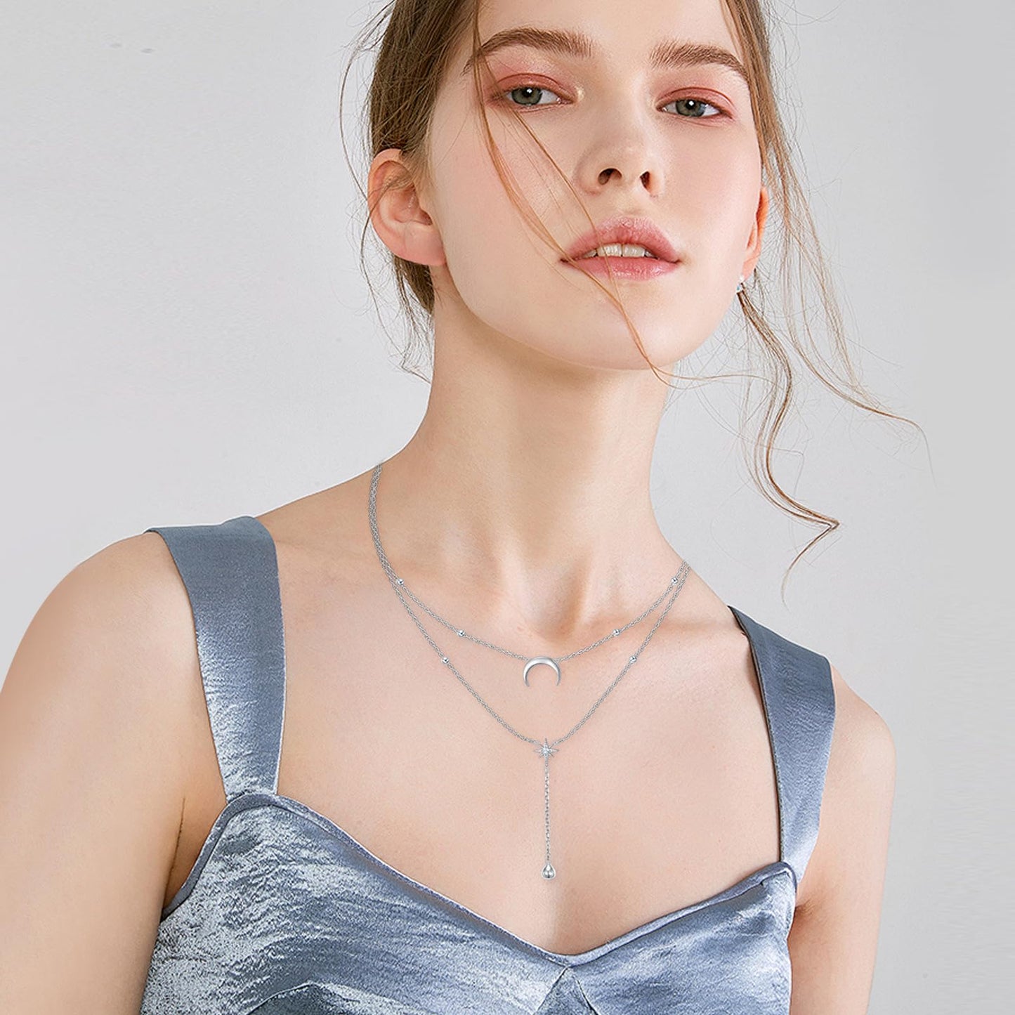 FLYOW Moon Star Layered Necklace for Women S925 Sterling Silver Double Choker Y Lariat Long Chain Necklace Birthday Mother Daughter Necklace for Ladies Mother Wife