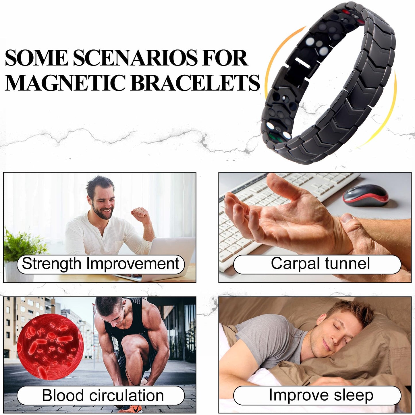 KYOSI 3X Magnetic Bracelets for Men Three rows Energy Stainless Steel Bracelet Magnet Link Mens Christmas Gift Jewelry (Black, 8.66 inches)