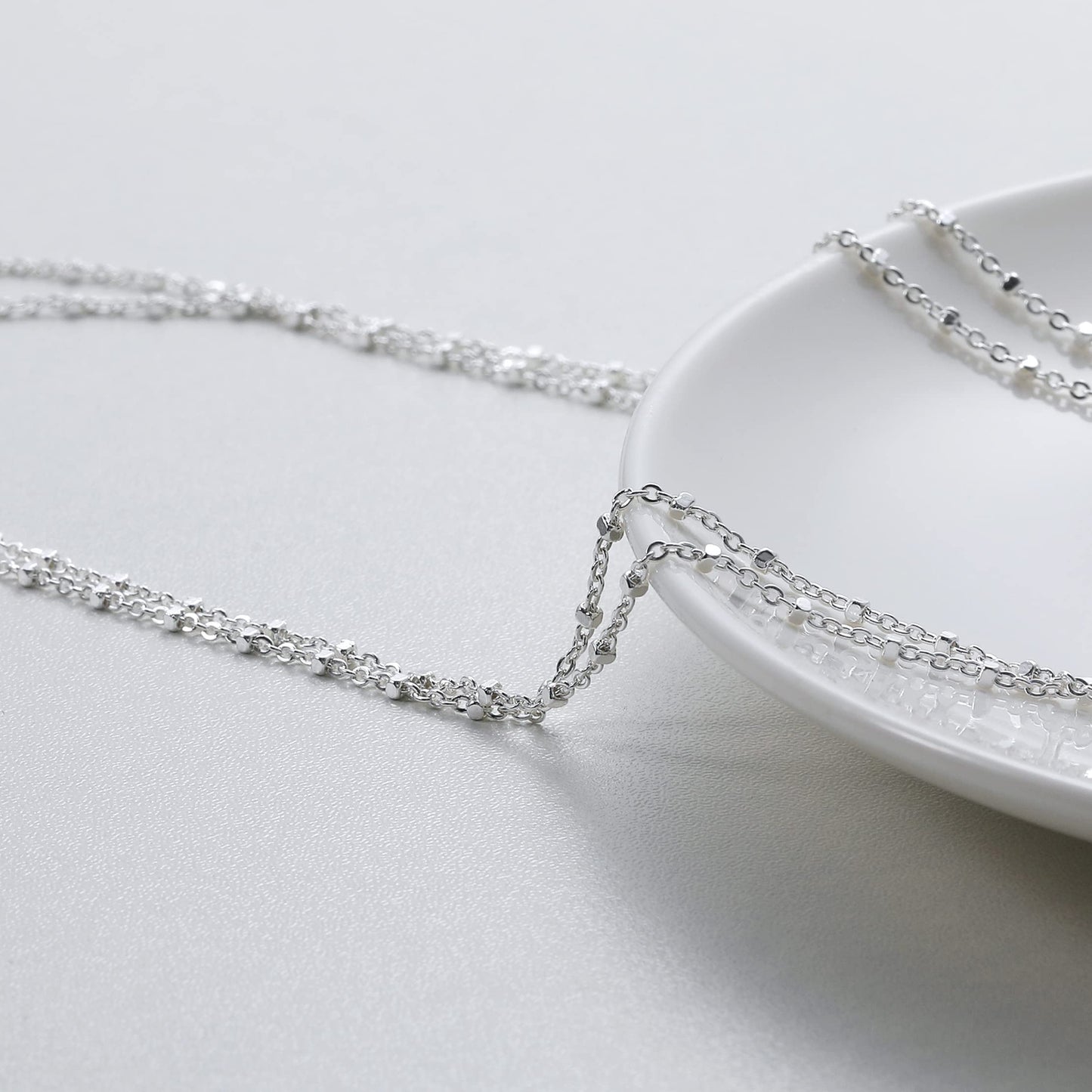 MBW Layered Necklaces for Women, Dainty Silver Plated Square Dot Choker Necklaces for Women Trendy Simple Silver Herringbone Thin Snake Chain Satellite Choker Necklace Silver Jewelry for Women