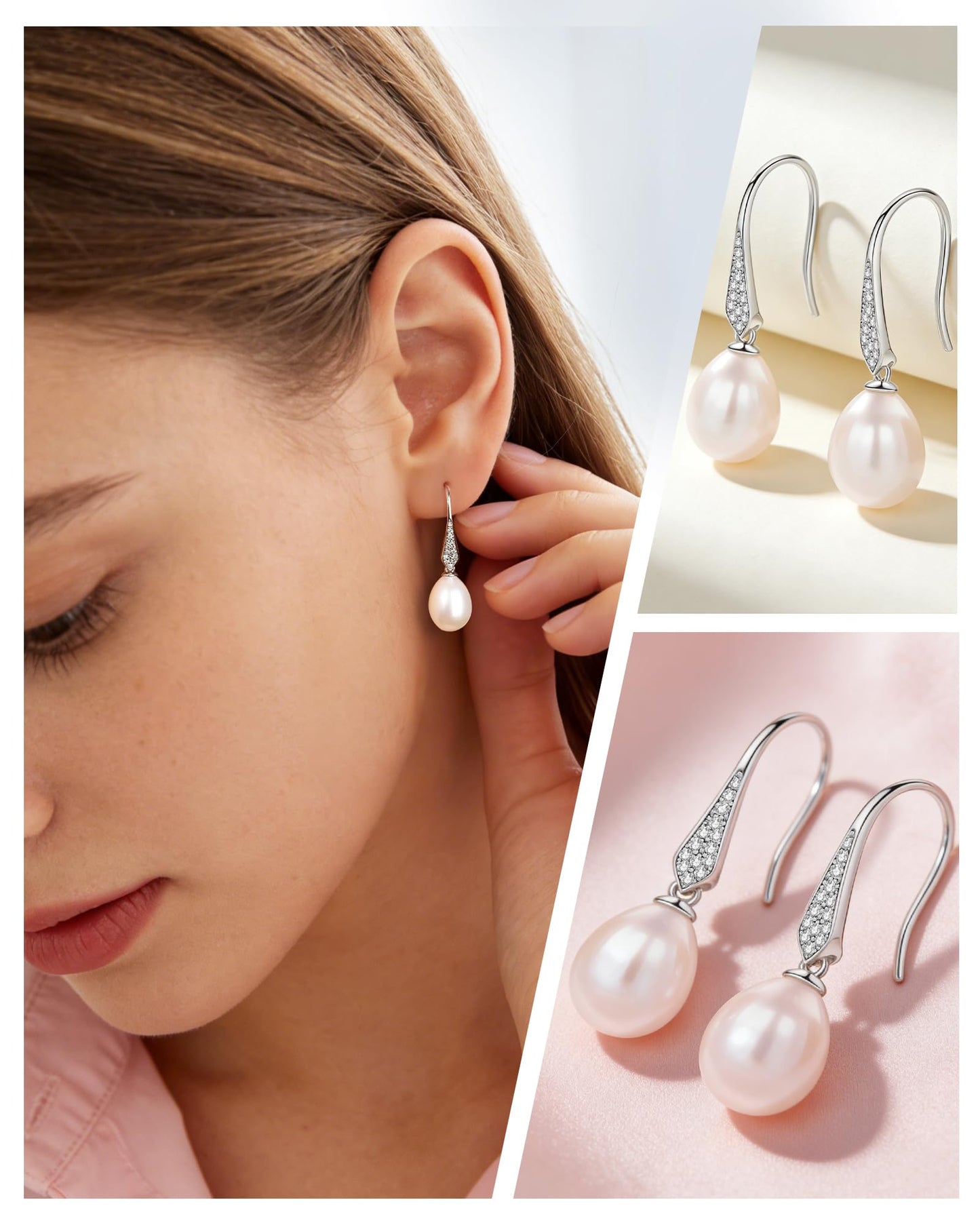 Pearl Drop Earrings for Women, Gold Plated & 925 Sterling Silver, Pink & White Dangle Earrings, Dainty Cute Elegant Bridal Wedding Gift for Her