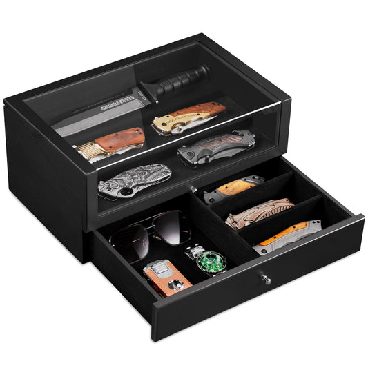 Emfogo Pocket Knife Display Case, Large Knife Collection Box for Folding Knives & EDC Gear, Solid Wood Knife Organizer with Transparent Lid & Drawer, Collector-Grade Gift for Men (Black)