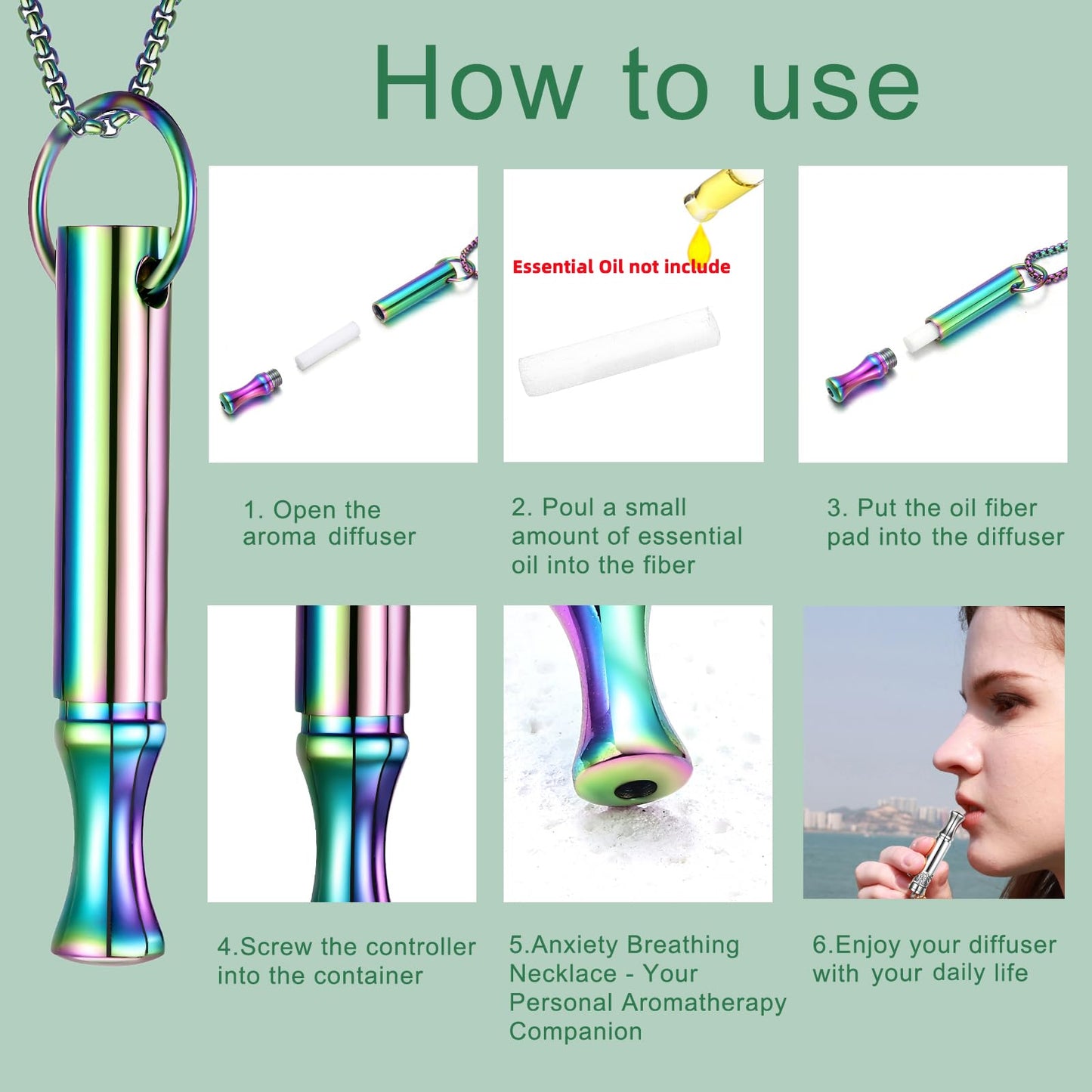 hooppoo Breathing Necklace for Calm & Focus - Personal Essential Oil Diffuser for Anxiety Relief, Quit Smoking, Yoga and Meditation - Reusable Stainless Steel Pendant for Women Men (Rainbow)