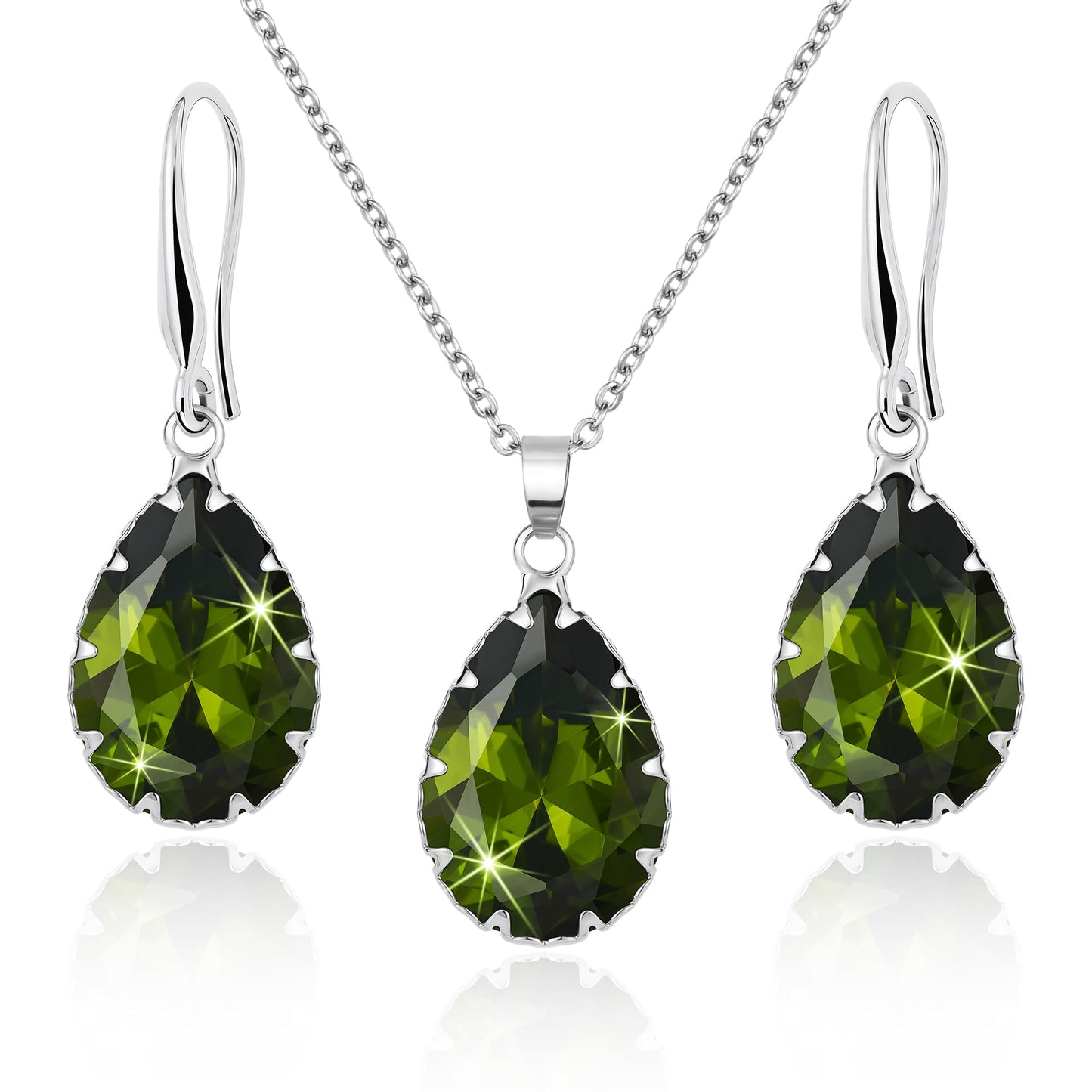 Linawe Peridot Green Crystal Silver Jewelry Sets for Women, Imitation Diamond Cubic Zirconia Pendant Necklace and Birthstone Drop Earrings, Rhinestone Costume Jewelry for Women Sets